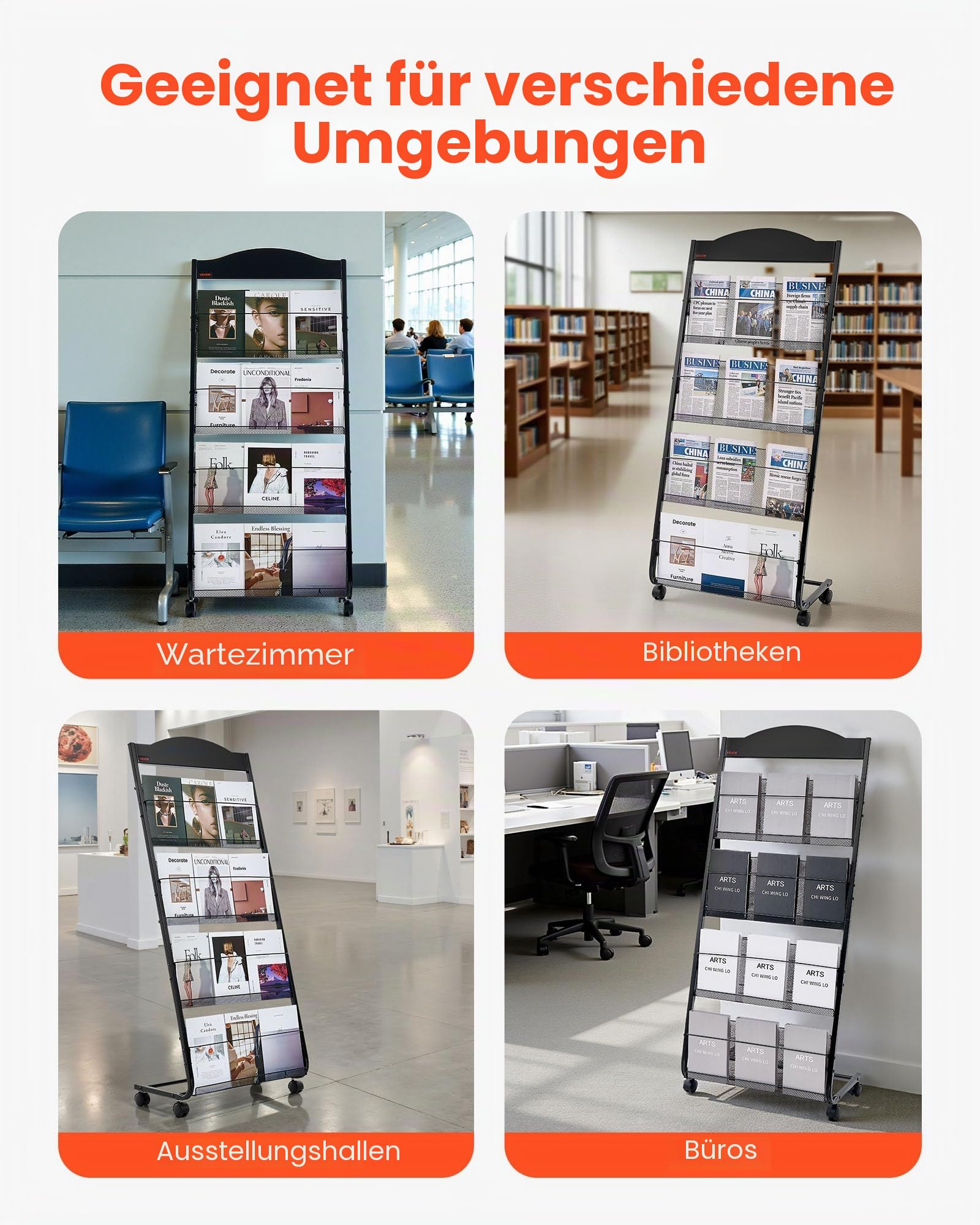 VEVOR faltbarer Prospektständer Zeitschriftenständer mit 4 Taschen, rollbarer Literaturständer Kataloghalter Schrägsteller, Buchständer Bodenaufsteller für Messe, Büroshows, Ausstellung