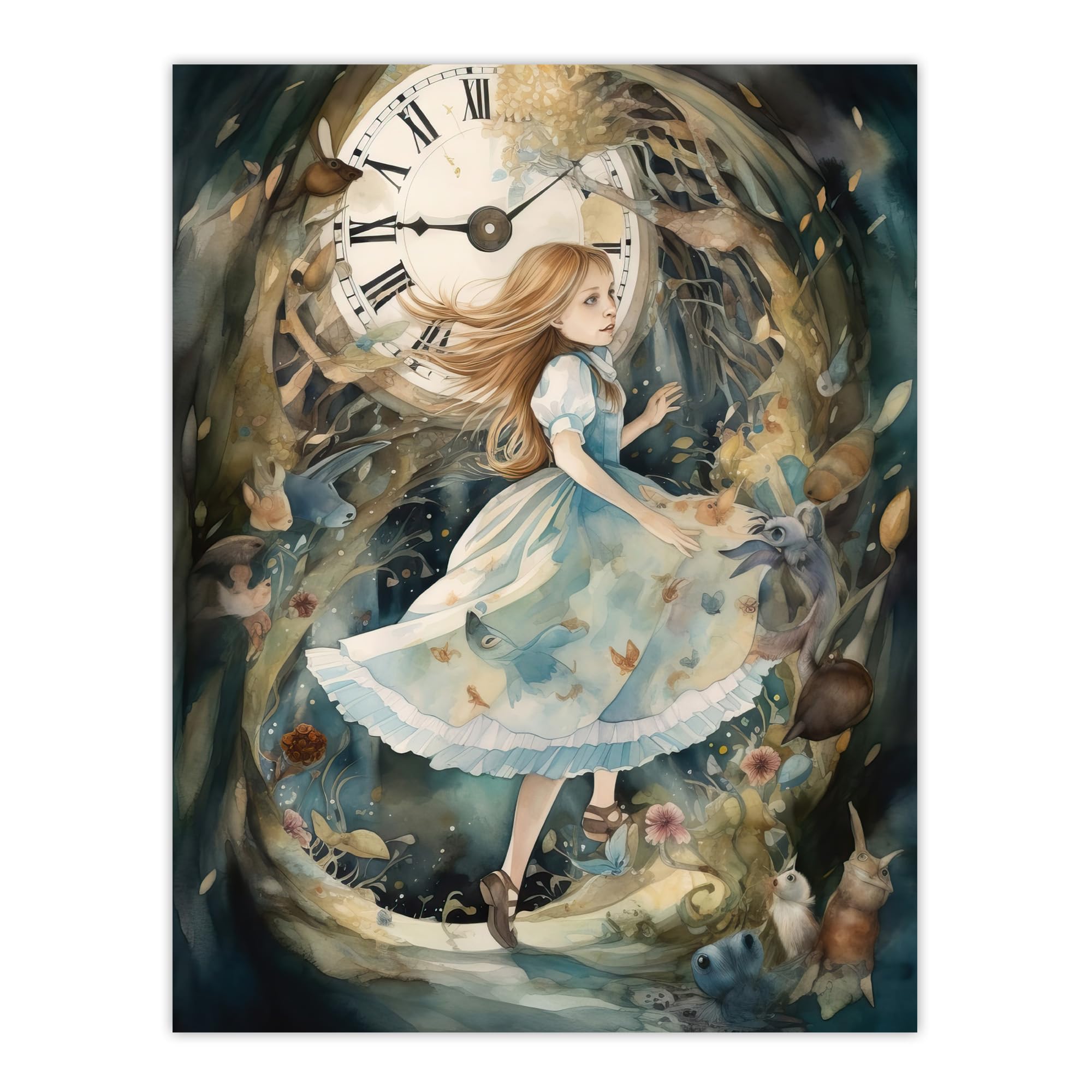 Artery8 Alice In Wonderland Watercolour Down The Rabbit Hole Whimsical Magical Adventure Painting Large Wall Art Poster Print Thick Paper 18X24 Inch