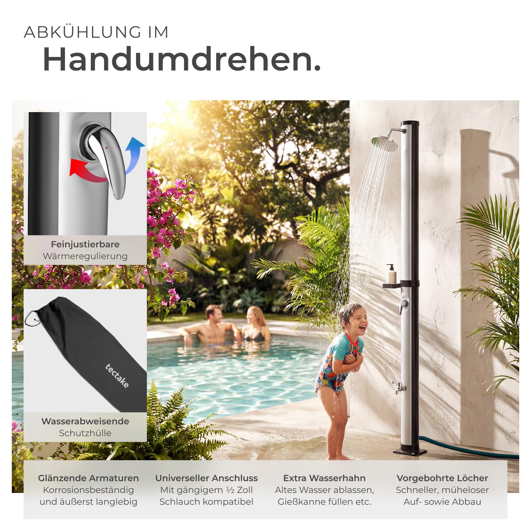 TecTake® Solardusche 20 l, bis 60° C warmes Wasser, drehbarer Regenduschkopf, Einhebelmischbatterie, Gartenschlauchanschluss, Schutzhülle, Warmwasser, Außendusche, Campingdusche - schwarz/Silber