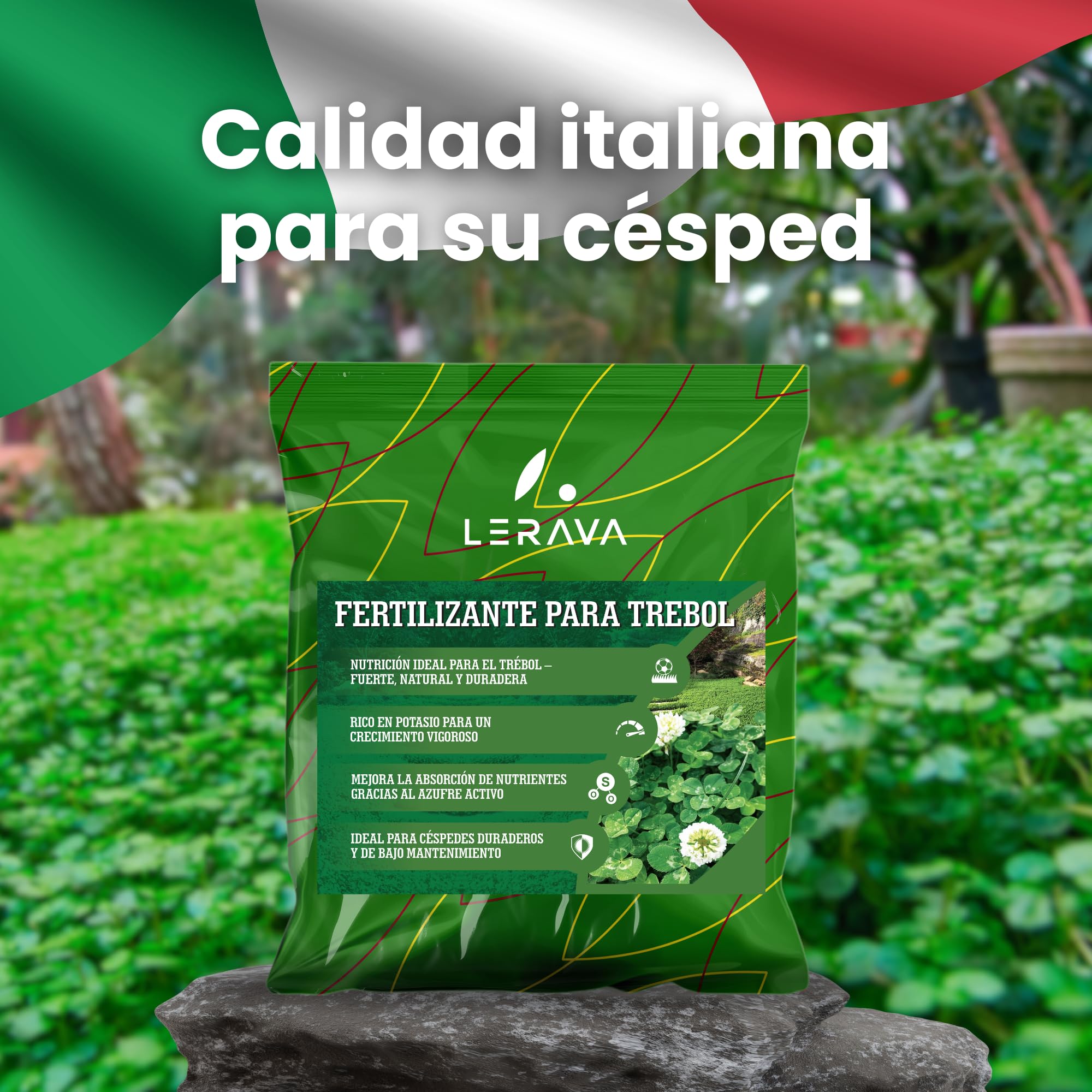 LERAVA® Fertilizante para Trébol (4,6 kg) - Abono para Jardín Verde, Fuerte y Denso - Repoblador para Césped y Trébol - Ideal para un Jardín Sano y un Césped Uniforme