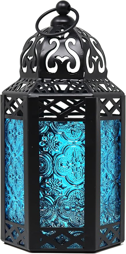 VELA LANTERNS 8.5" Small Black Metal Decorative Moroccan Lantern Candle Holder Lamp - Indoor/Outdoor, Home Decor, Patio, Weddings, Ramadan Decor, Blue