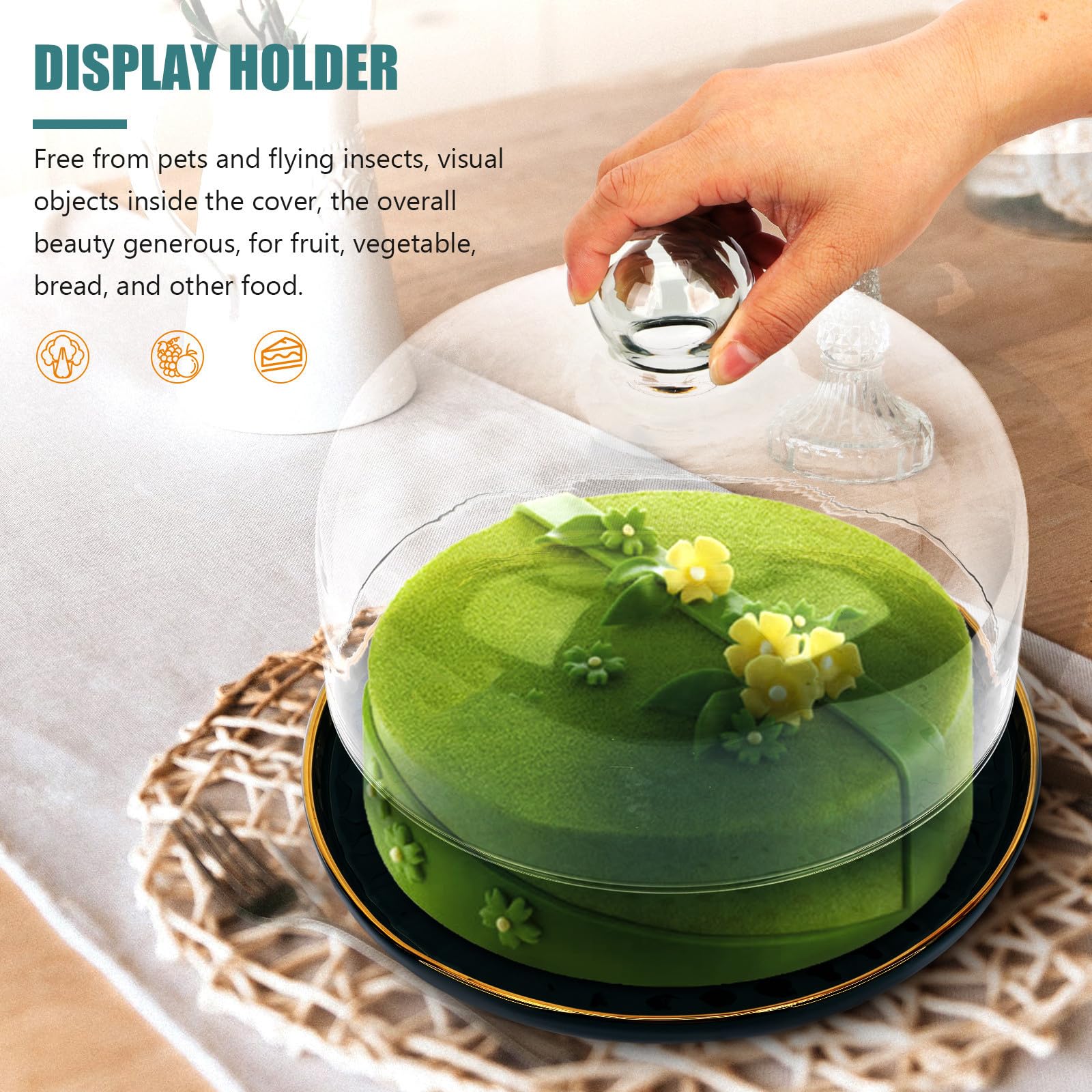 SEWACC Bandeja para servir postres con cubierta de vidrio transparente y base de cerámica verde, protección de alimentos para fiestas infantiles y cenas familiares, 1 set elegante