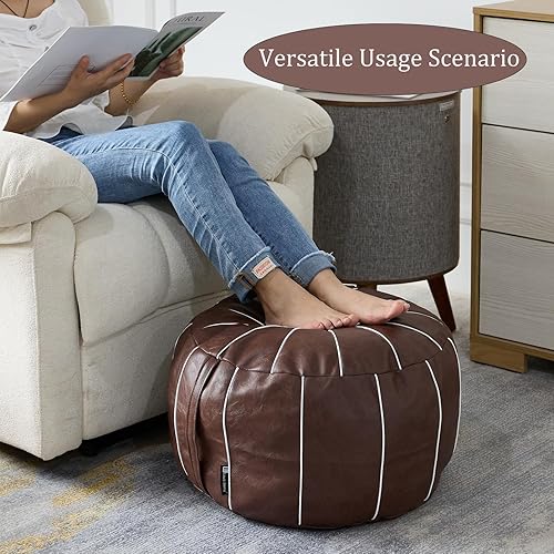 Miniatura 61 de Louis Donné Funda otomana marroquí sin relleno de 21 pulgadas, taburete de cuero sintético hecho a mano, funda redonda de almacenamiento, decoración