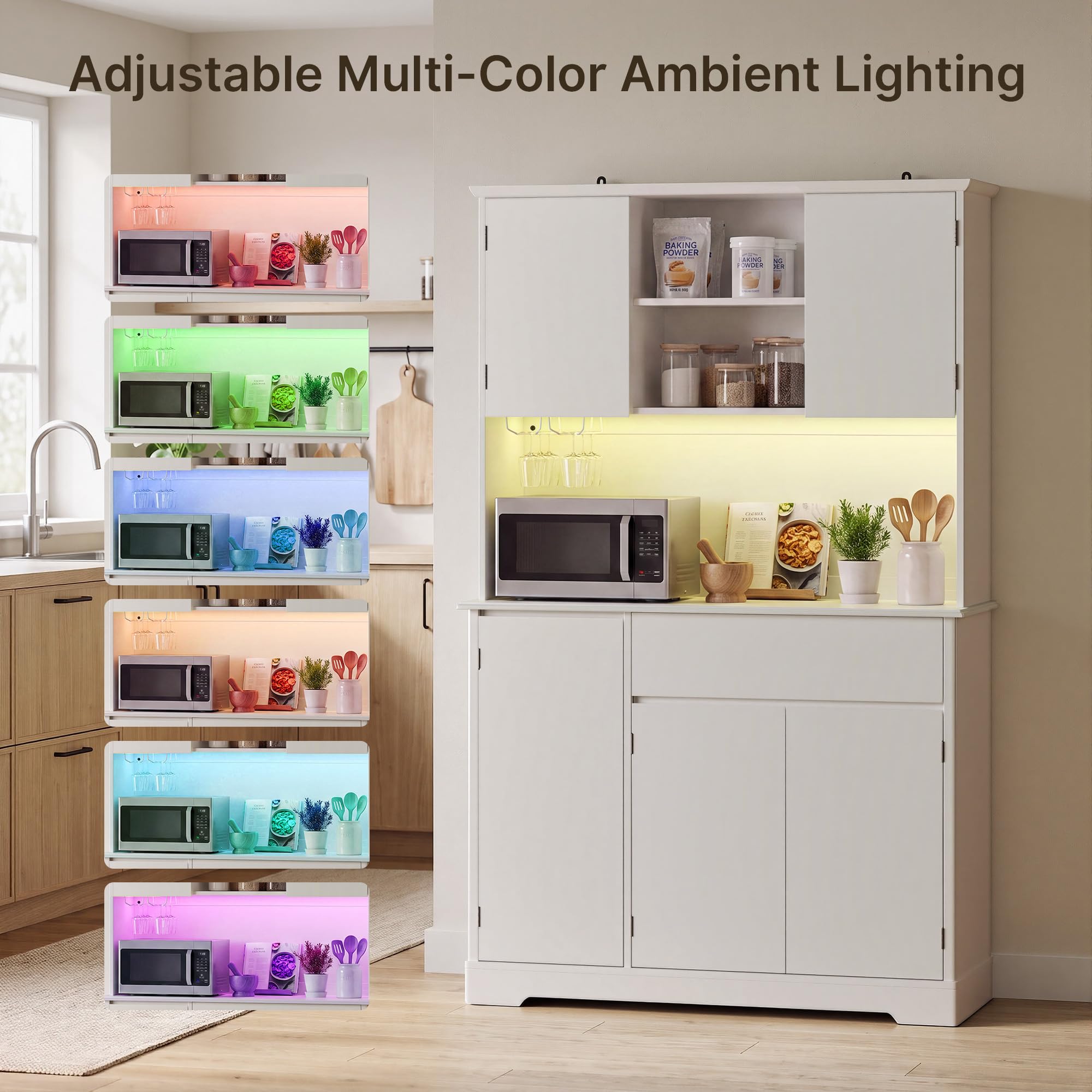 Xbro Alacena de Cocina, Mueble Cocina con LED y Enchufe, Blanco | 5 Puertas y 1 Cajones, Regleta, Encimera para Microondas, para Cocina, Comedor, Salón, 172x40x107 cm