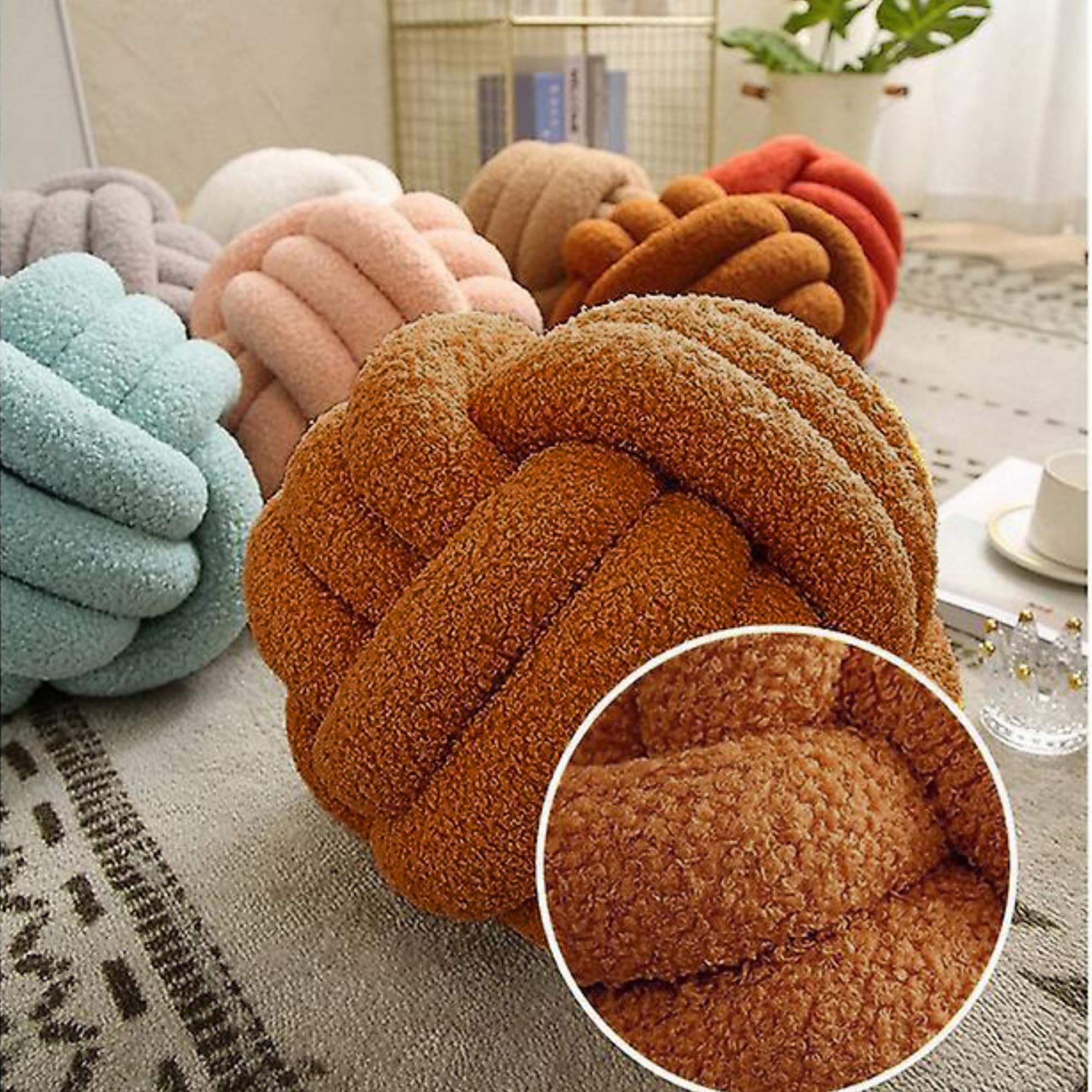 Charming Knot Pillow with Velvet Bag - Delightful Room Decor, Ultra-Soft Plush Teddy Fabric, Adorable and Cozy Round Sofa Cushions, Perfect Knot Ball Pillow (Caramel)