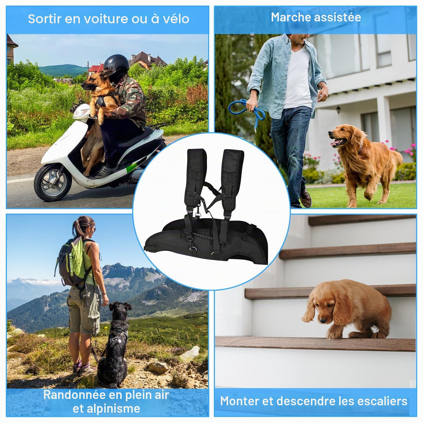Harnais de levage pour grands chiens, sac à dos d'urgence, sac à dos pour chien, avec poignées, soutien de sécurité pour personnes handicapées, blessés ou chiens âgés de taille moyenne L