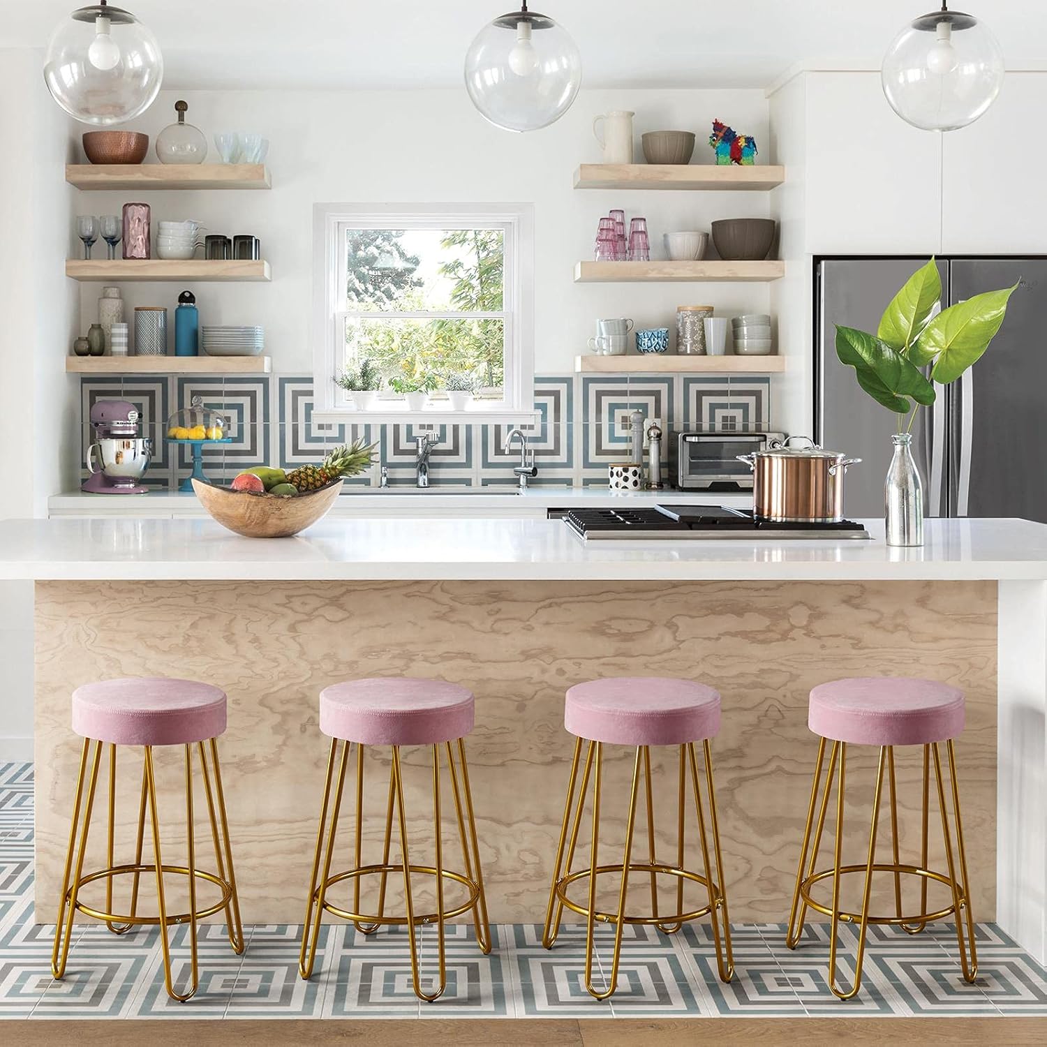 Topeakmart 2pcs Home Barstools Upholstered Velvet Round Backless Seat with Gold Legs Kitchen Stool Modern Breakfast Dining Stools, Pink