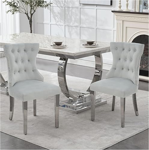 Miniatura 26 de Juego de 4 sillas de comedor de terciopelo, sillas de cocina tapizadas con patas Mteal, respaldo moderno con botones copetudos y ribete cuadrado de