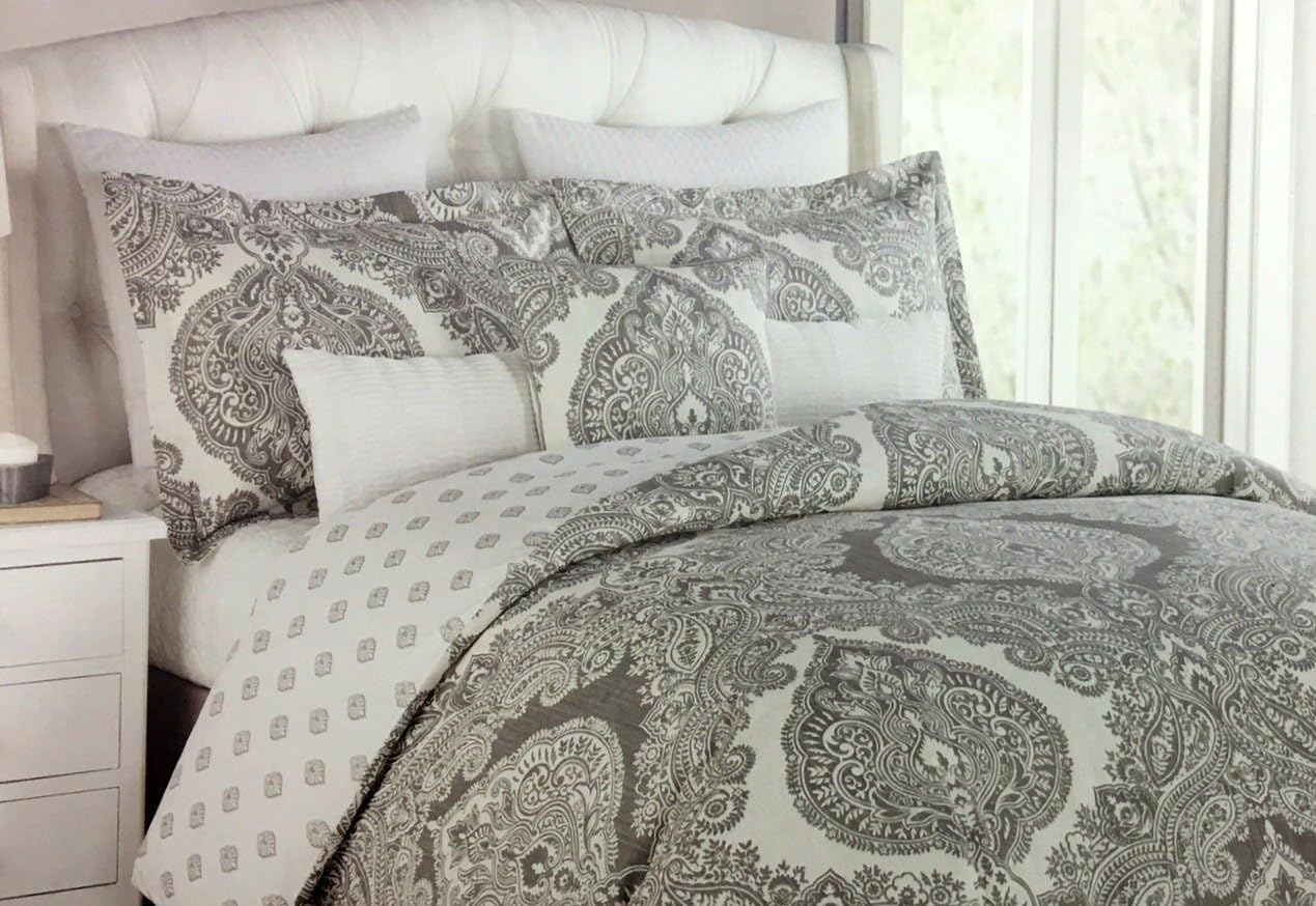 Tahari Home Queen/Full Duvet Cover Set Grey Moroccan Medallion Reversible Home