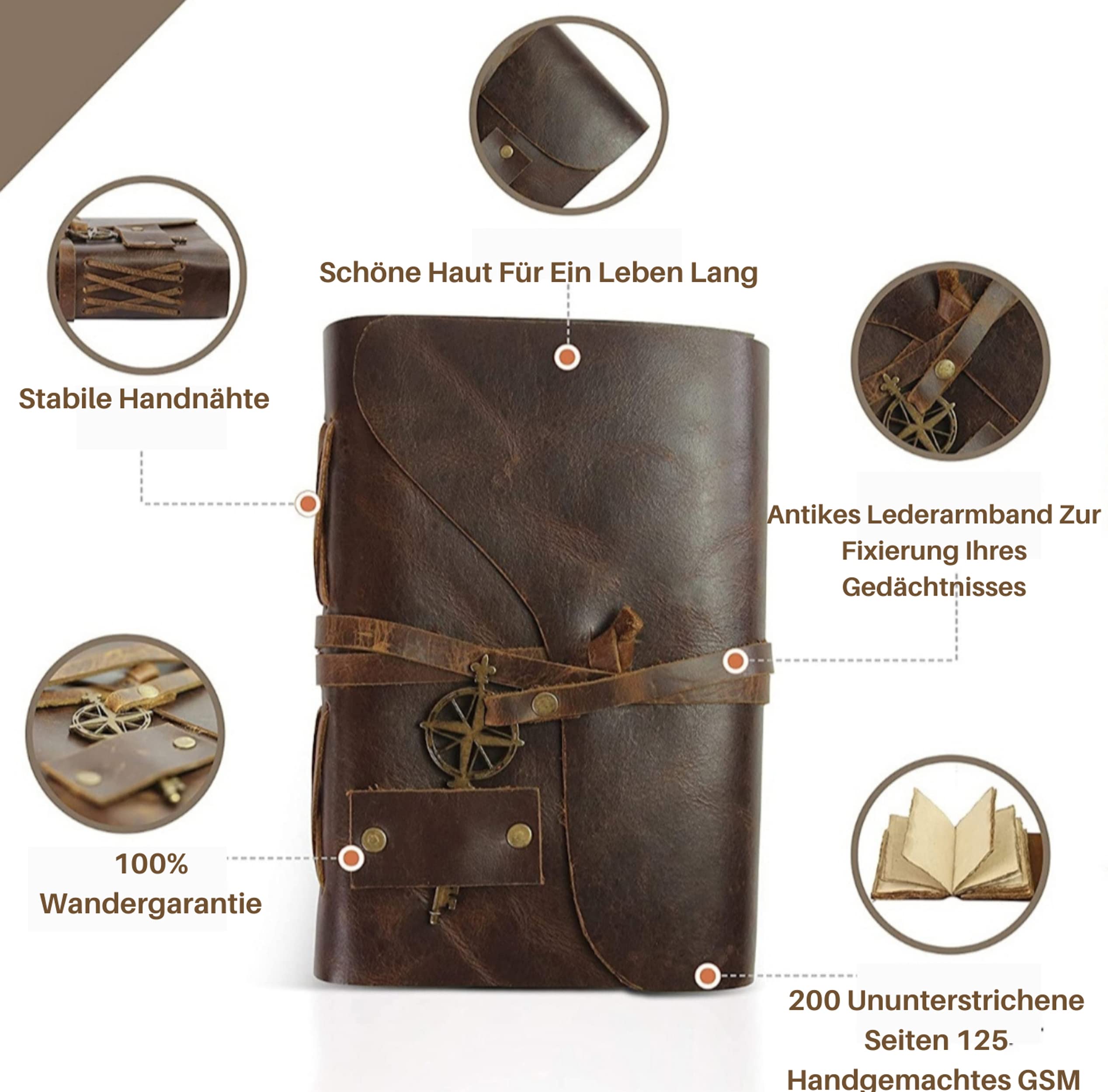 WANDERINGS Vintage Notizbuch Leder - 10 x 15cm - Kleines, Antikes Handgemachtes Leder Notizbuch mit Büttenrandpapier - Perfekt zum Schreiben, als Notizbuch, Reisetagebuch, Tagebuch für Erwachsene