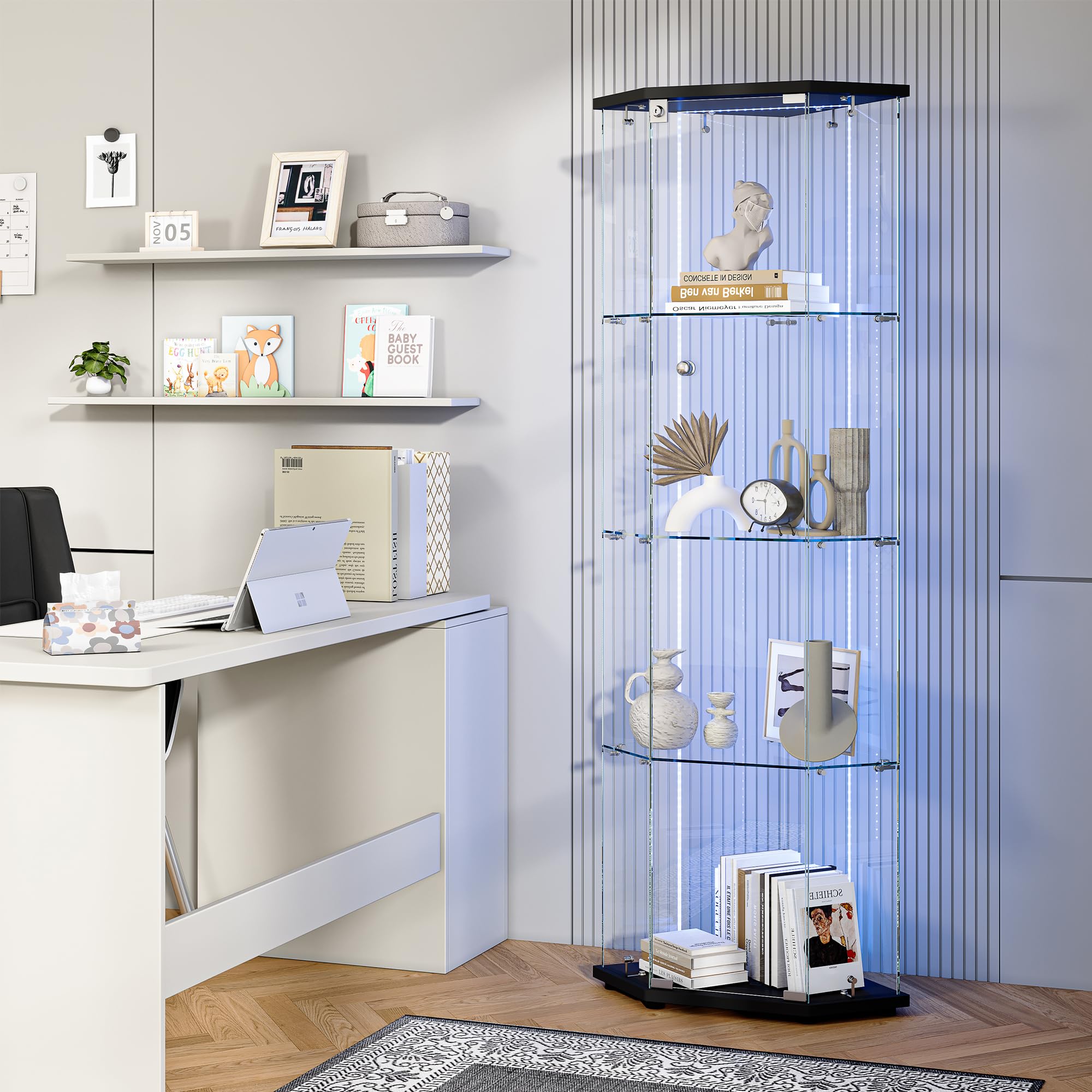 Vitrina de esquina con LED, vitrina de cristal de esquina, vitrina coleccionable con puerta, vitrina de cristal de 5 capas, resistente al polvo, para coleccionables, libros, vino, para salón