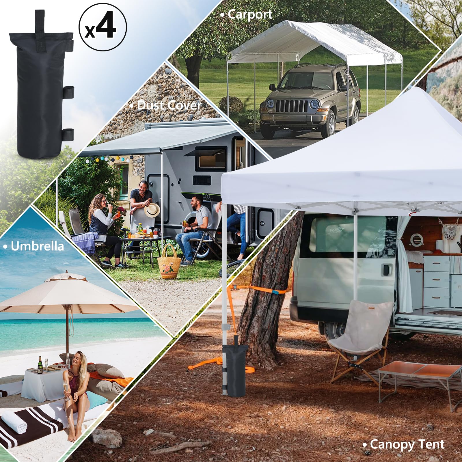 MASTERCANOPY 4er Set Sandsäcke Beingewichte Beschwerer wiederverwendbar, für Pop-up-Pavillon, Faltpavillon, Zelt, Canopy, Schwarz, Max, Bis zu 48 KG INSGESAMT