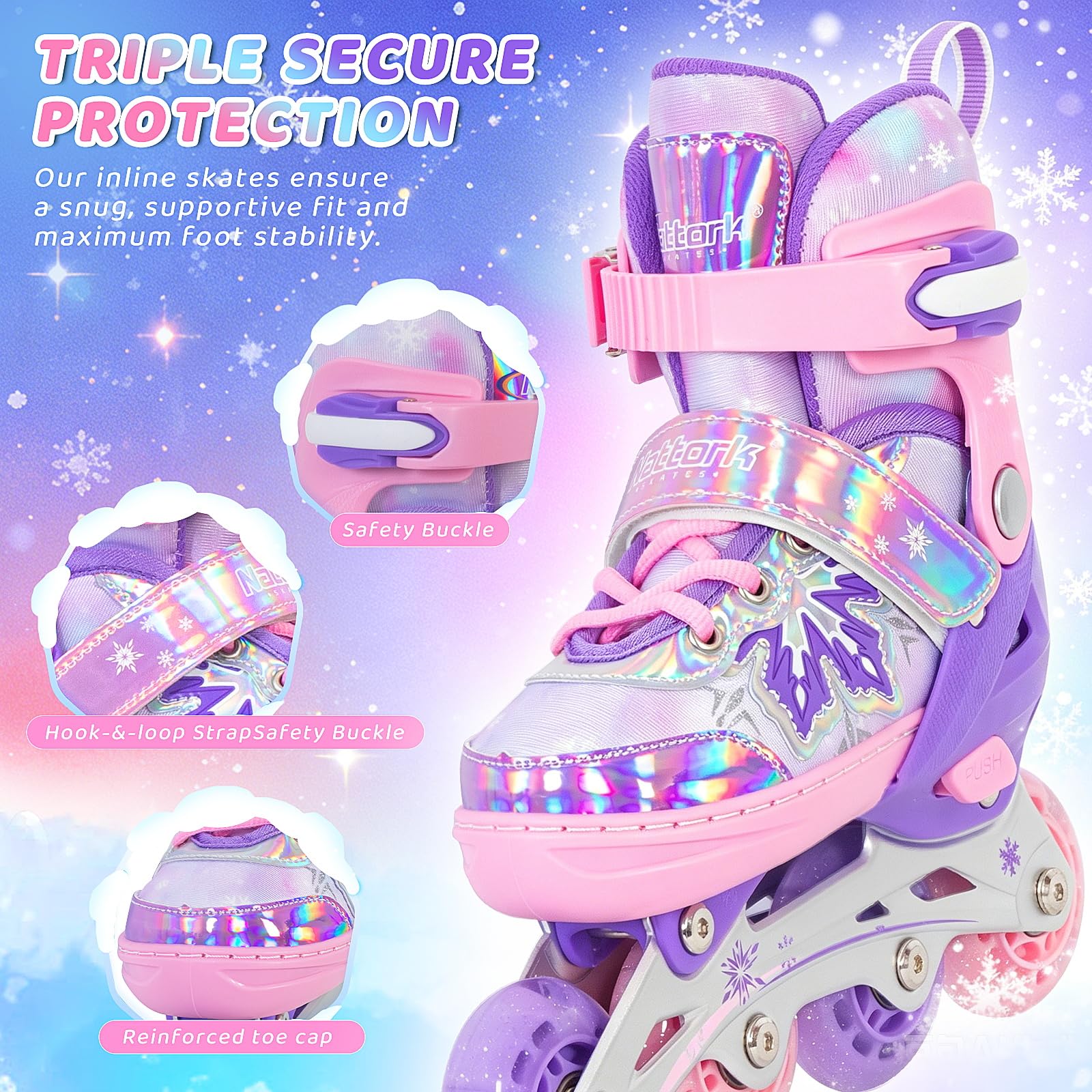 Nattork Patins à roulettes réglables - Flocons de neige - Pour filles et garçons - Sûrs et confortables pour les débutants