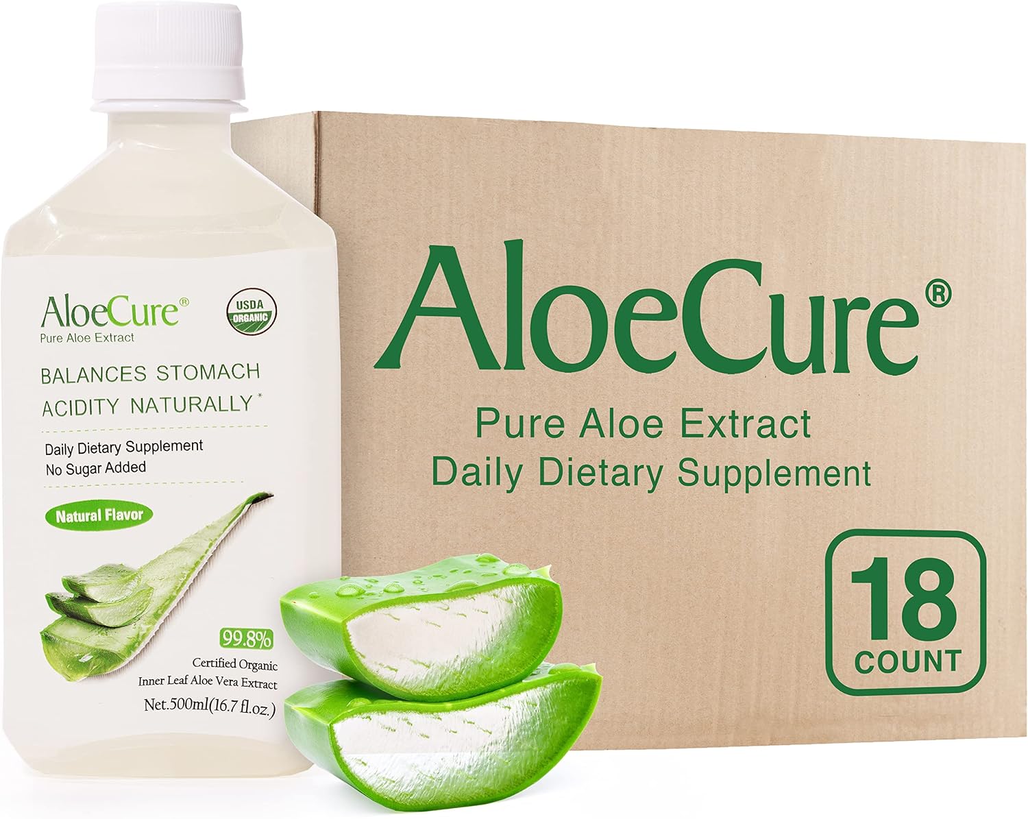 AloeCure Pure Aloe Vera Juice USDA Certified Organic, Natural Flavor Acid Buffer, 18x500ml Bottle, Processed Within 12 Hours of Harvest to Maximize Nutrients, No Charcoal Filtering-Inner Leaf