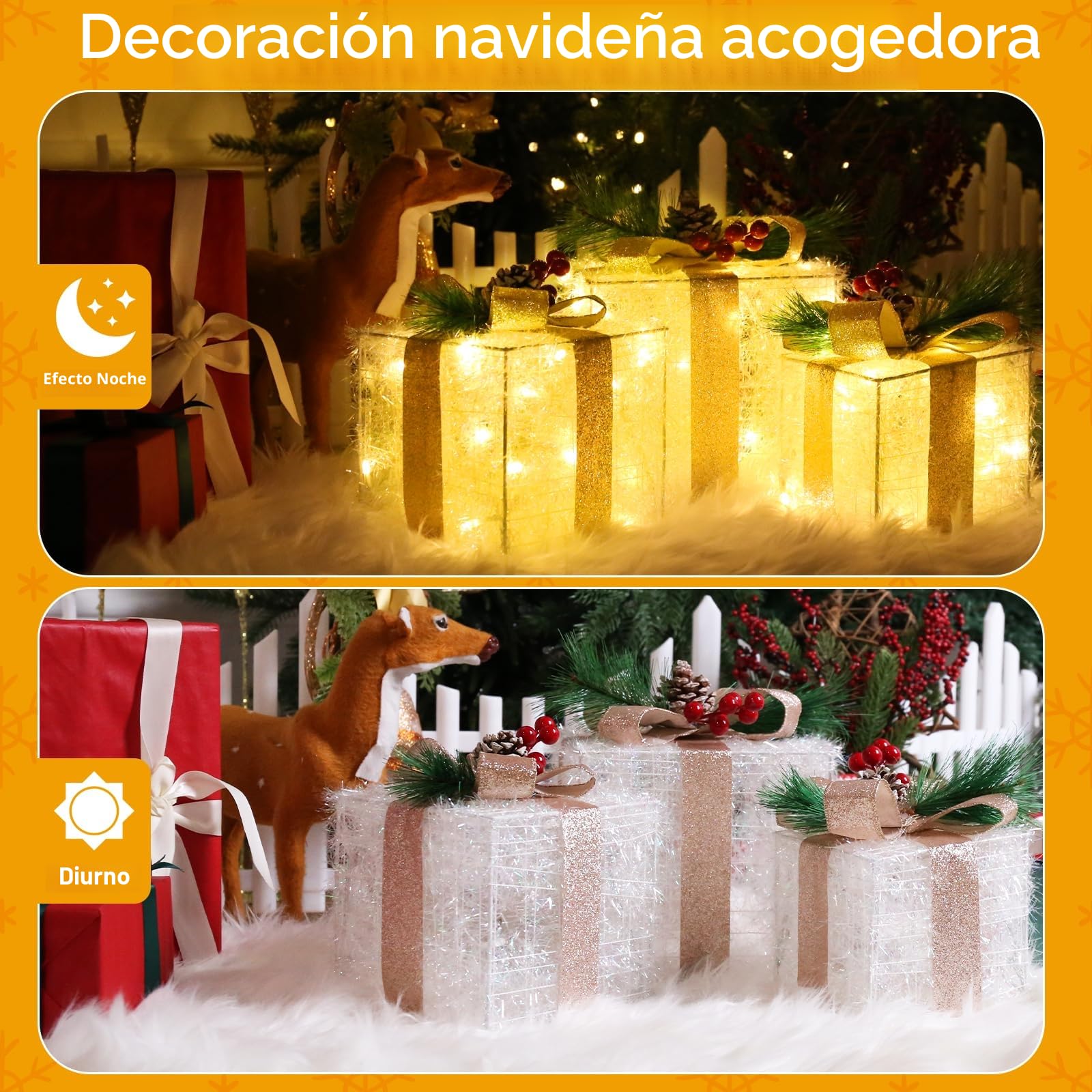 Quntis Juego de 3 Cajas de Regalo Luces de Navidad, Cajas de Luz Decoración | 60LED Cajas de Iluminación Navideña para Árbol de Navidad/Escaparate/Hogar/Fiesta/Boda/Habitación Infantil, Interior/Exterior