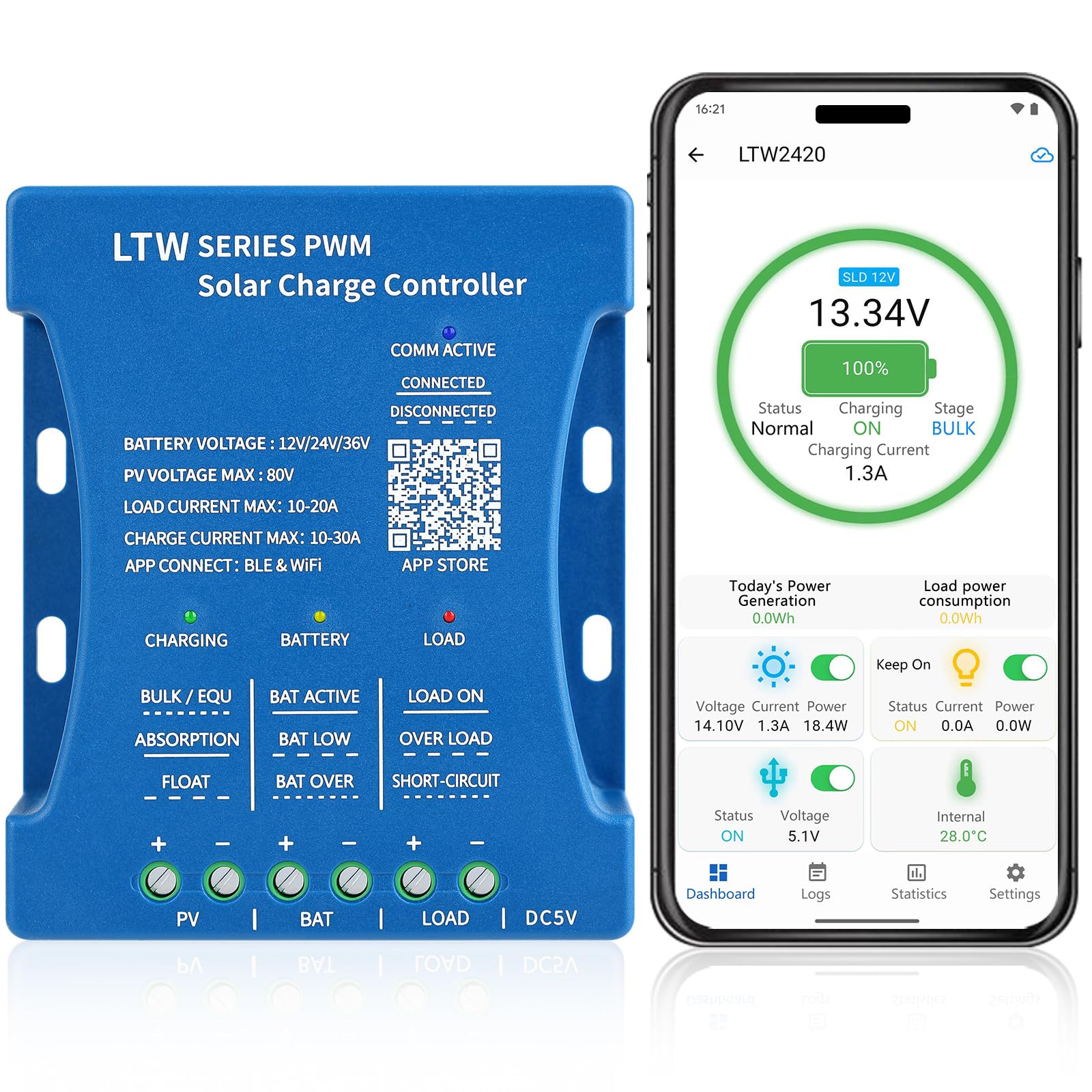 【Regolatore di Carica Solare WIFI 20A 12V】KWODE 20A 12V/24V/36V Controller Solare WIFI Ultra-Telecomando PV:80V Controller Intelligente Bluetooth per Pannello Solare PWM per Acido al Piombo, LiFePO4