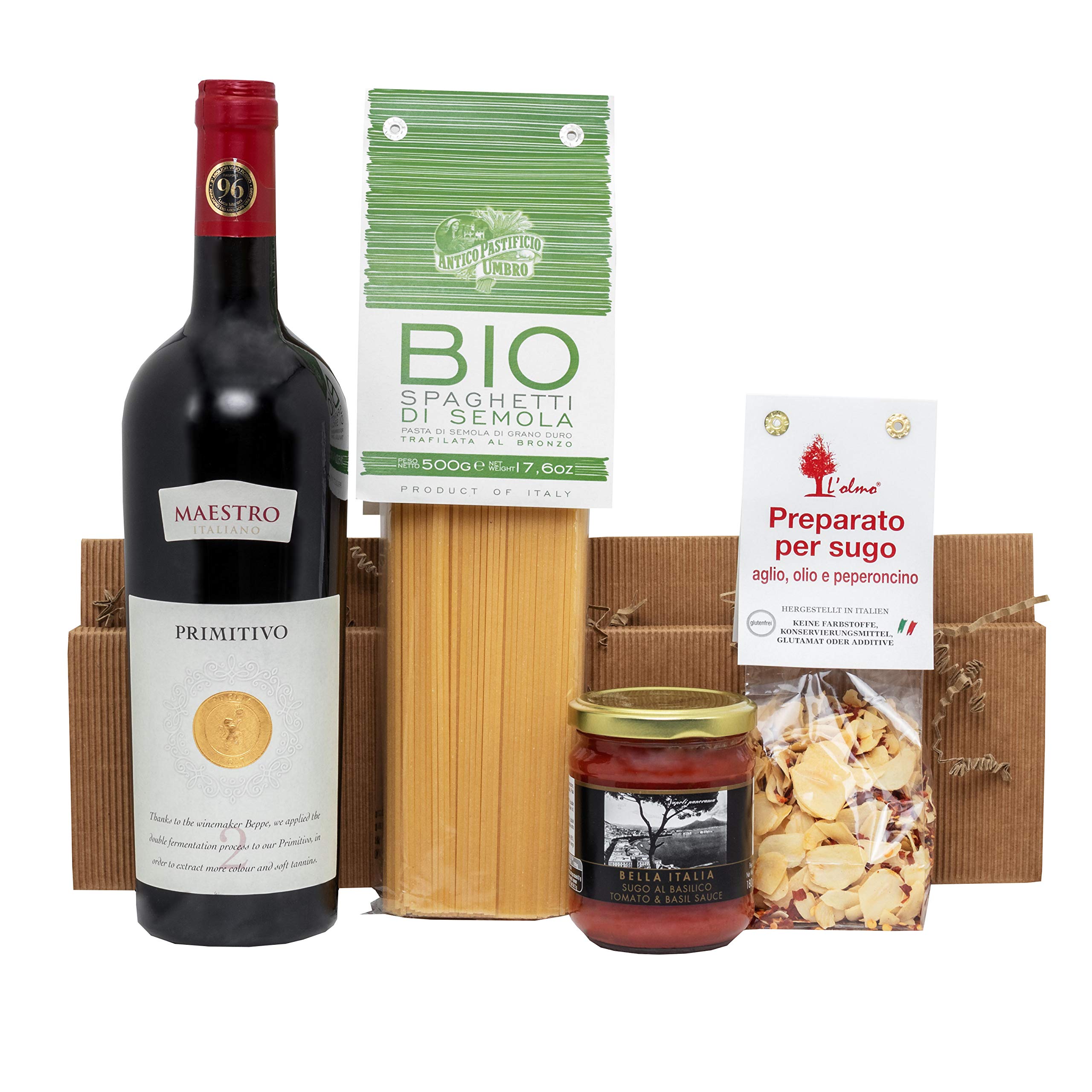 Geschenk-Set "Nudelliebe" Geschenk Korb mit Spaghetti di Semola, Gewürzmischung, Tomatensauce und Primitivo & Präsentkorb „Gaumenfreude“ Italienischer Rotwein Sangiovese
