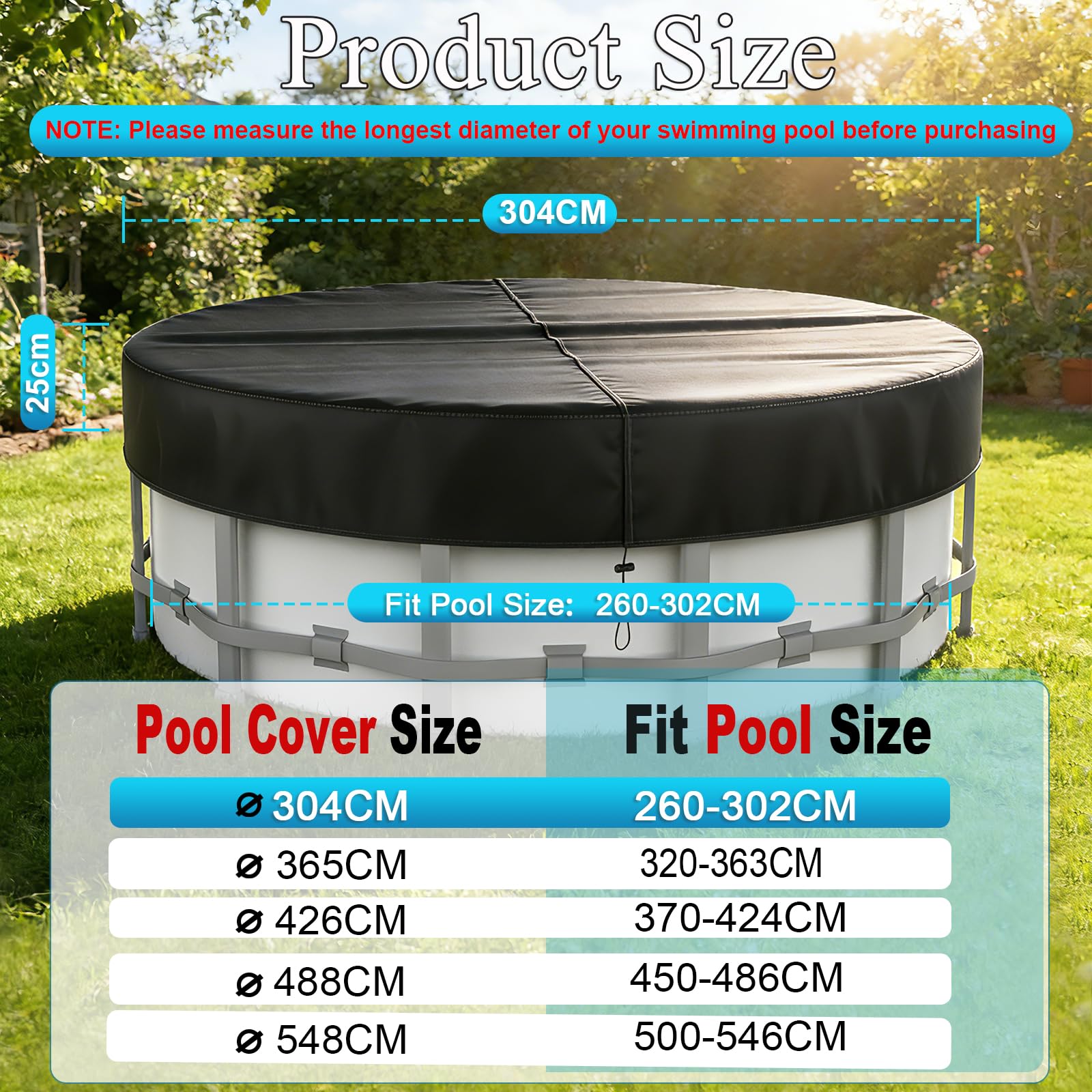 Poolabdeckung Runde Ø 304 Für Ø260-300cm Pools,Pool Abdeckplane mit Kordelzug & Erdankern, Schwimmbadabdeckplane mit UV-Schutz,Wetterfeste,Staubdicht,Staubdicht,Für Oberirdische Pools und Trampoline