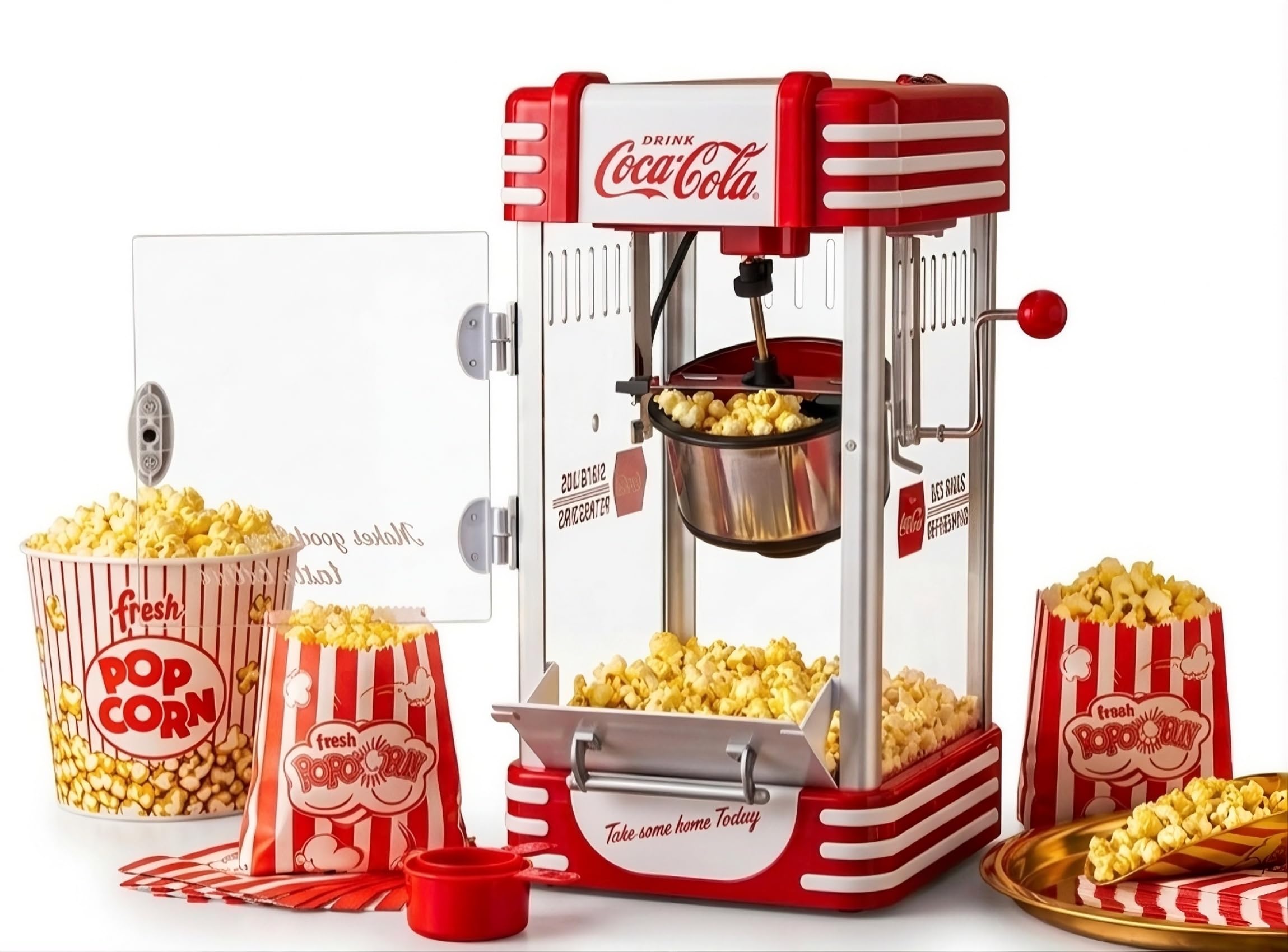 Salco Coca-Cola - Macchina per popcorn popcorn in stile retrò rosso (anni 50), caldaia in acciaio inox con rivestimento antiaderente, sistema di agitazione integrato, illuminazione e avvolgicavo