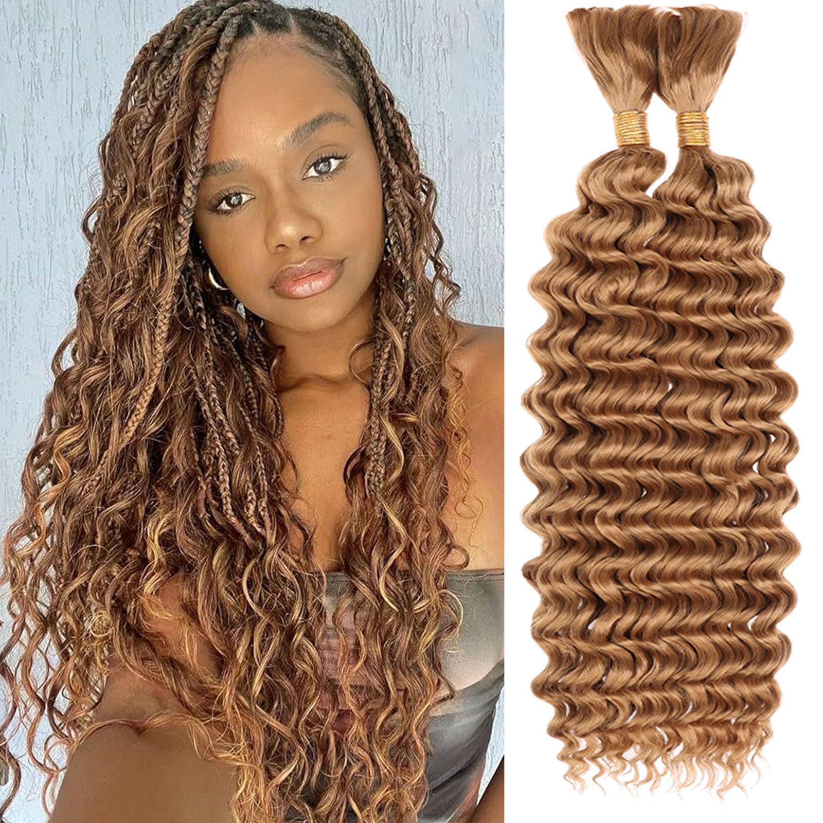 Samtress Deep Wave Bulk Braiding Hair 18 Inch No Weft Braiding Hair Synthetic 160g Honey Blonde Wet and Wavy Curly Hair Bundle for Boho Braids (#Honey Blonde)
