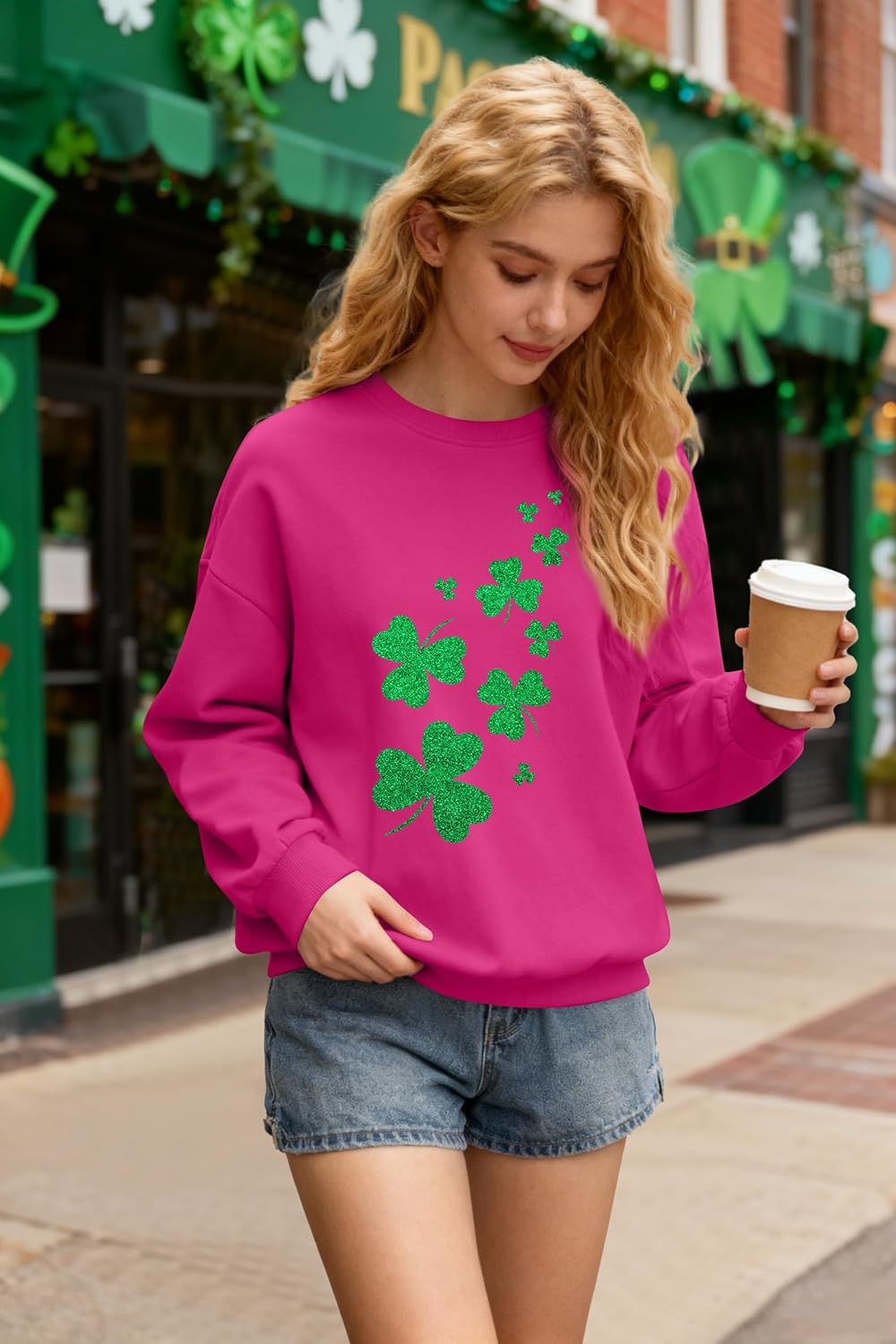 JINTING St Patricks Day Sweatshirt for Women Glitter Shamrock Irish Shirt Clover Print Long Sleeve Top - Image 2