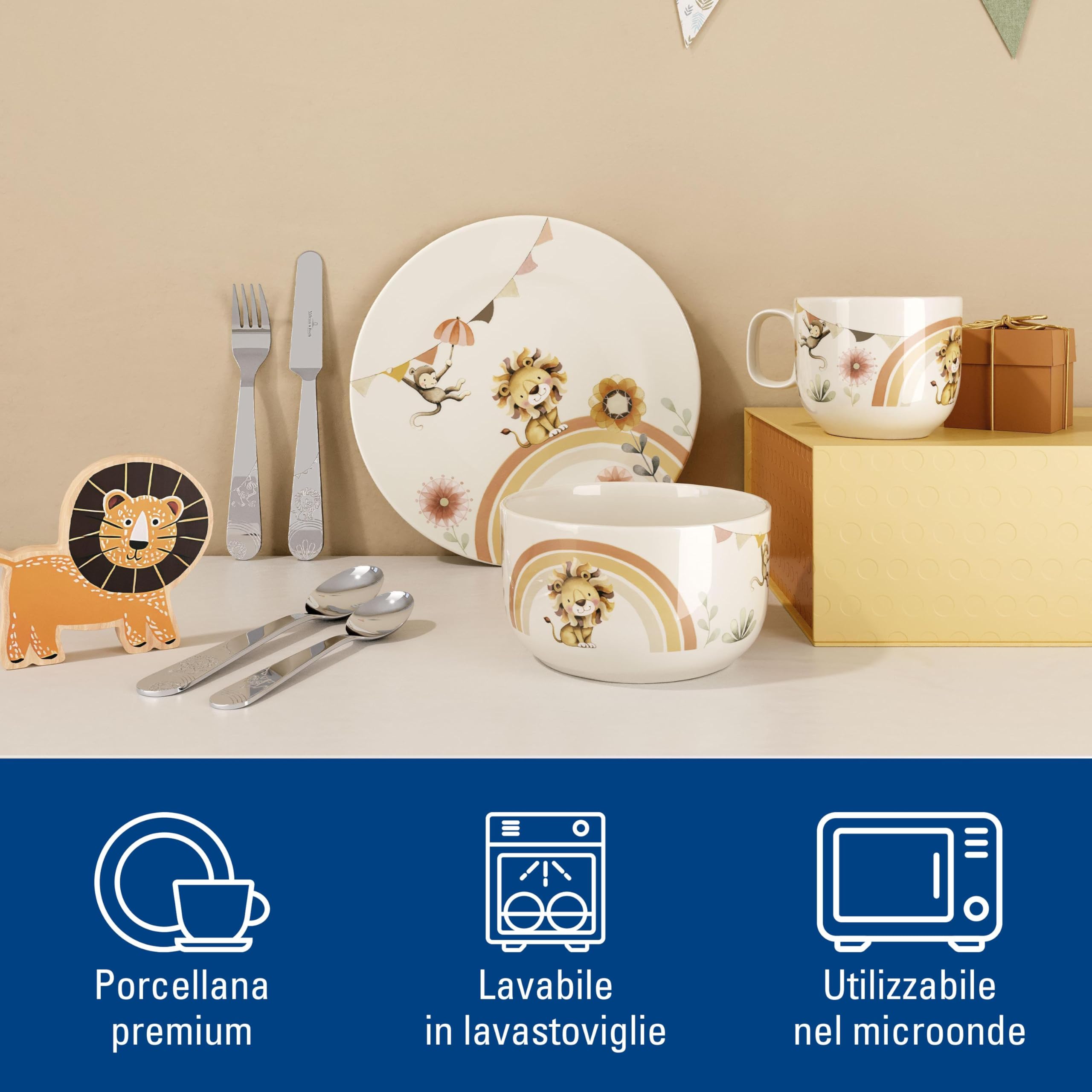 Villeroy & Boch - Roar like a Lion Set di Stoviglie per Bambini 7 Pezzi Beige, Lavabile in Lavastoviglie, Adatto per Microonde, Stoviglie, Piatti, Tazzine, Ciotola, Servizio, Porcellana Premium