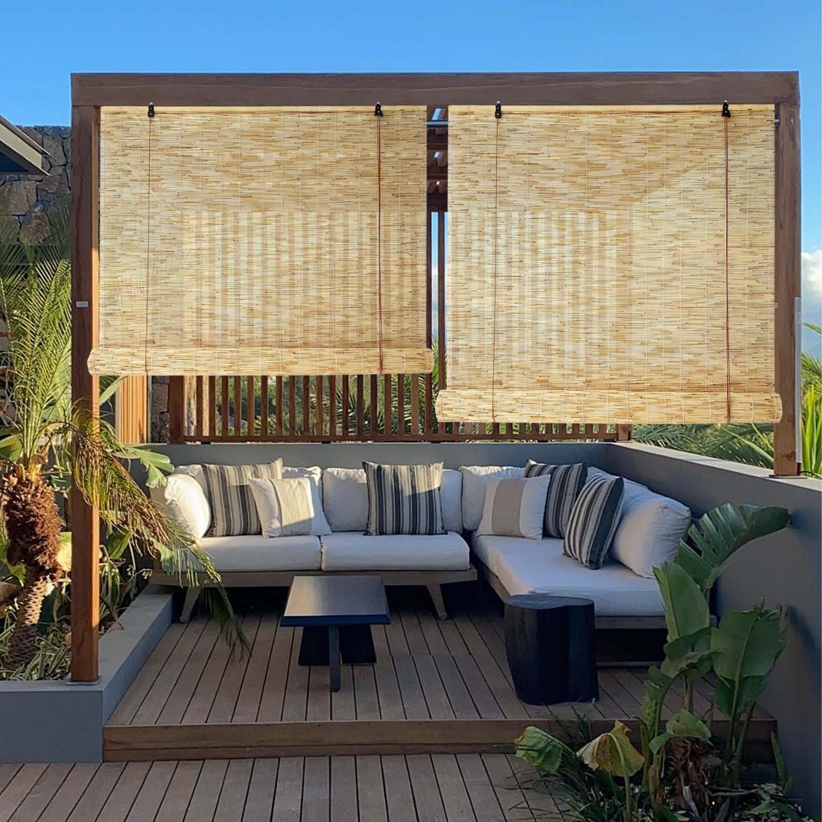 Bamboo Roll up Shades for Patio 40 50 60 70 80 90 100 110 120 130 140 150 160 170cm Breathable Natural Roman Blinds for Windows Waterproof Outdoor Reedcurtains with Lift Sun Protection Privacy Screen(