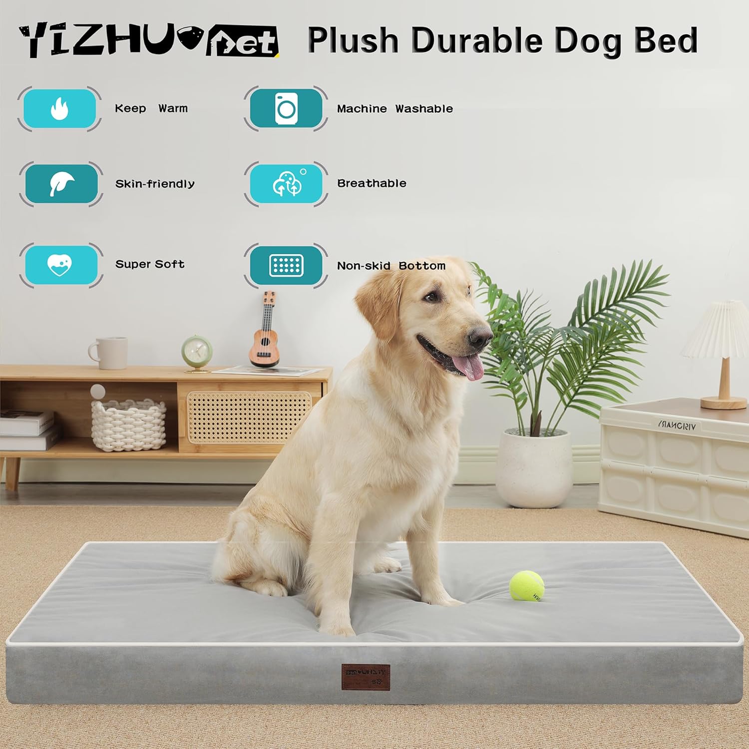 Dog Bed Mats for Big Dogs - Orthopedic Dog Pet Bed Thick Egg Foam Crate, Removable Washable Cover, Non-Slip Bottom Durable Dog Crate Bed Mat (Light Grey, XL(42''x30''x4''))