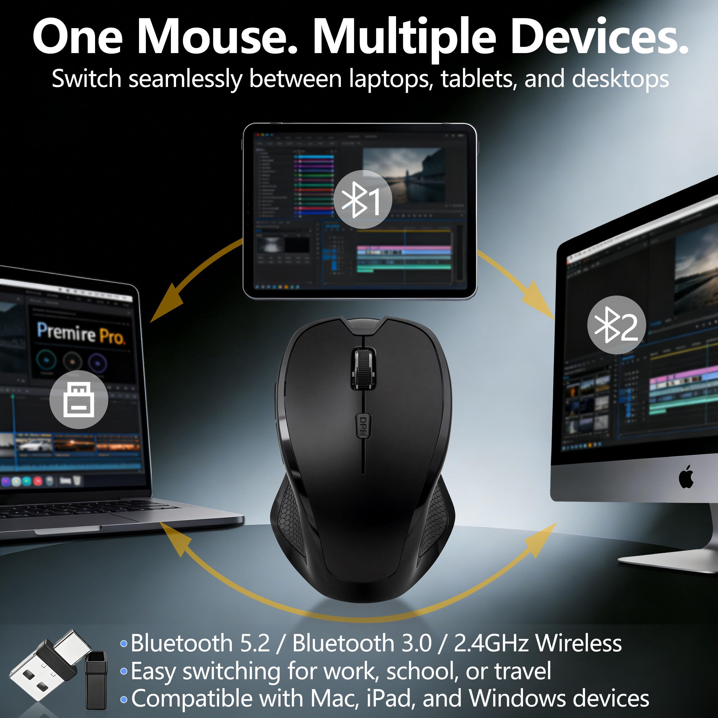 Wireless Bluetooth Mouse for Mac & iPad, Ergonomic Rechargeable Mouse with Built-in Jiggler Mode, Dual USB-C & USB-A Receiver, Quiet Optical Mouse for Laptop, Desktop & Tablet – Black - 5