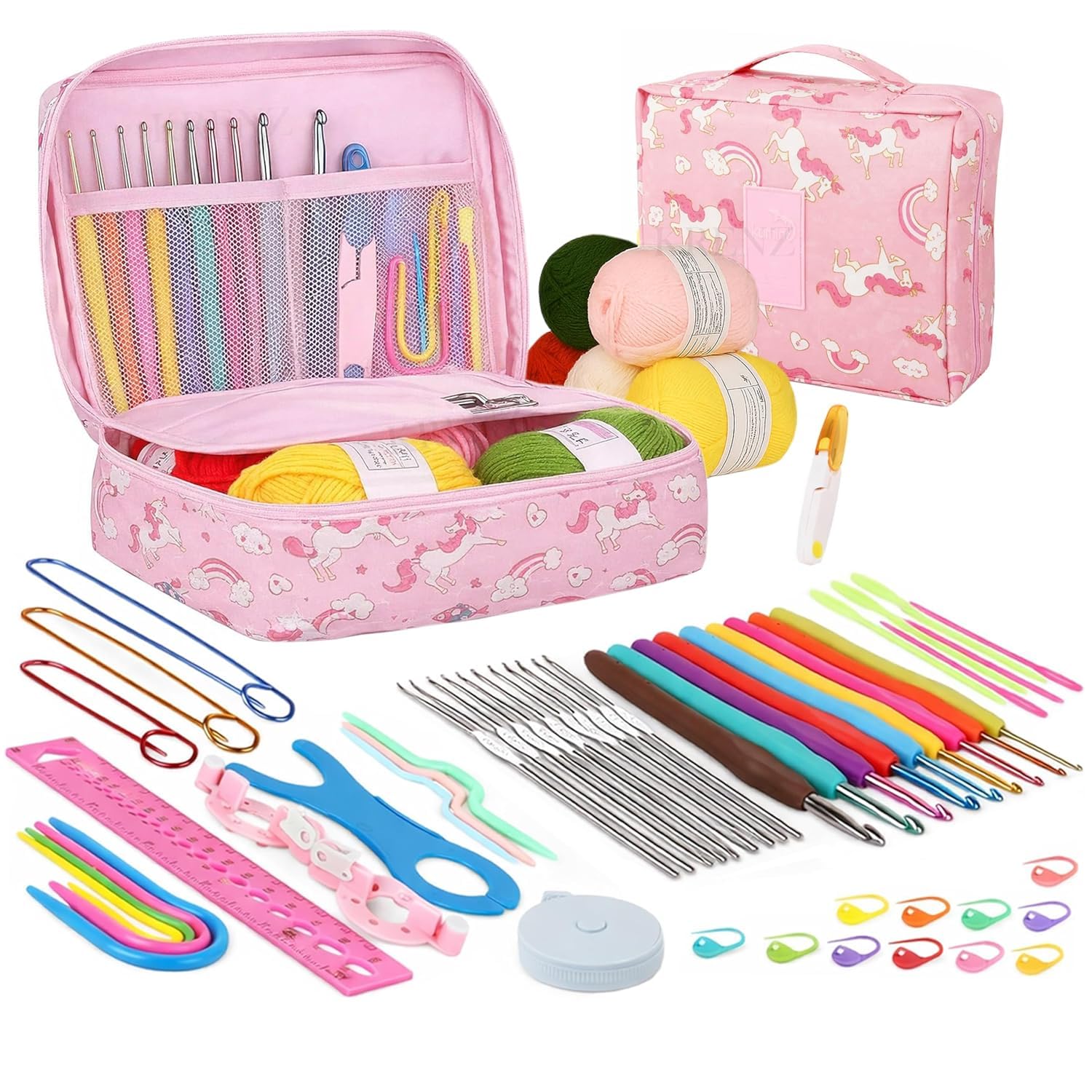 KRENZ Crochet Kit for Beginners Adults, Crochet Kits Include Yarn, 59pcs Crochet Starter Kit for Beginners Kids,Ergonomic Crochet Hooks 2.0-6.0 mm, Lace Steel Needles 0.6-1.9 mm (Pink Unicorn)
