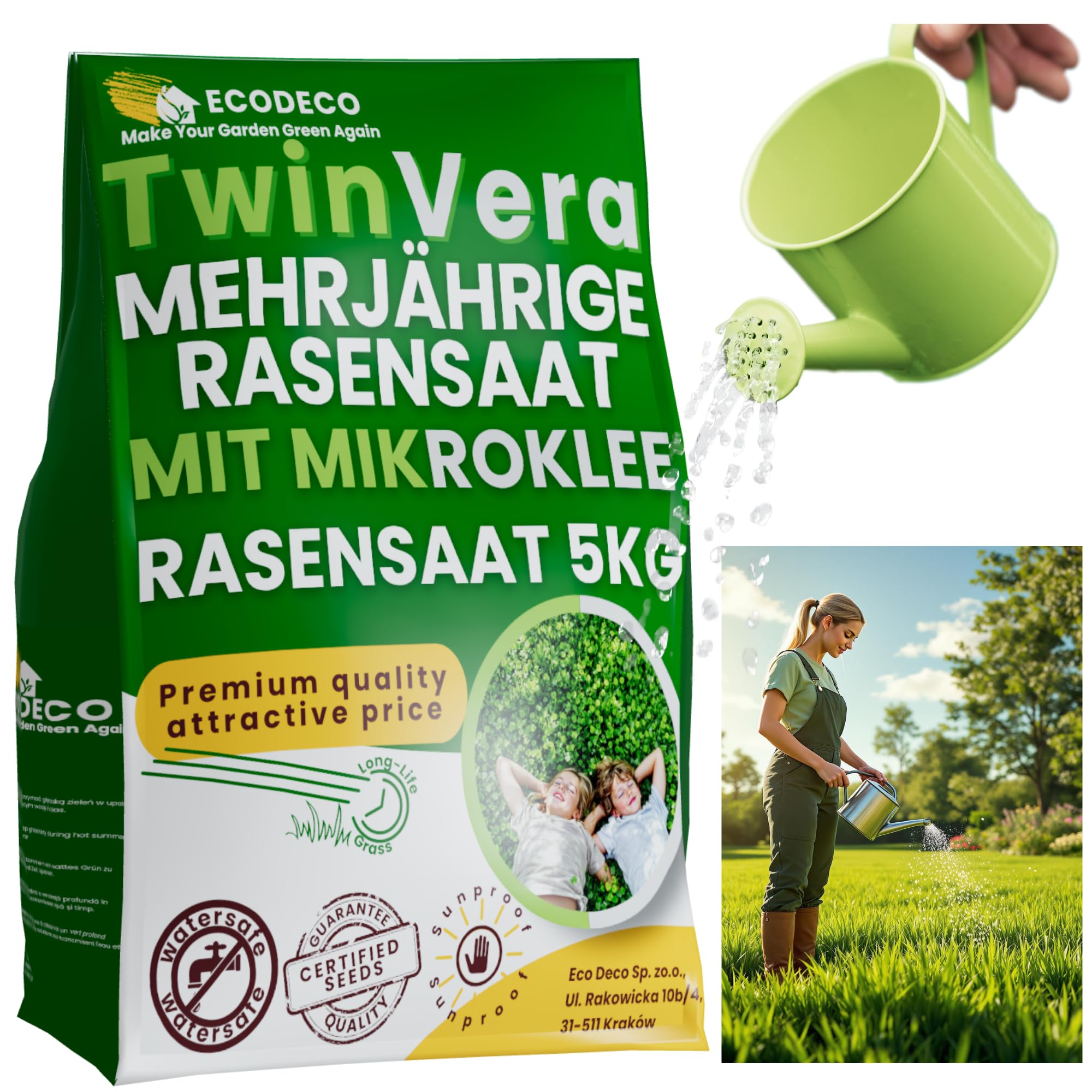 ECODECO Grassamen mit Mikroklee Samen Rasen | Trockenheitsresistent Selbstverdickender Mikroklee Pipoline | Rasensamen Nachsaat Frühling 5kg
