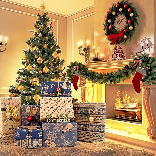 Miniatura 3 de Hojas de papel de regalo de Navidad, papel kraft reciclado azul marino y marrón con etiquetas adhesivas, 6 hojas de papel de regalo de Navidad para