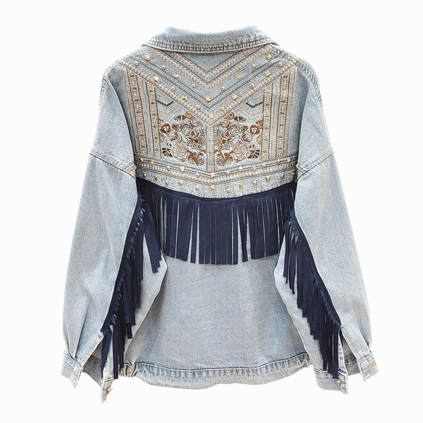 UKKO Giacca di Jeans Giacca in Denim Coreano Ricamo Floreale Nappa Giacca A Maniche Lunghe Giacca A Maniche Lunghe Giacca da Donna Veste Femme-Navy Blue,S