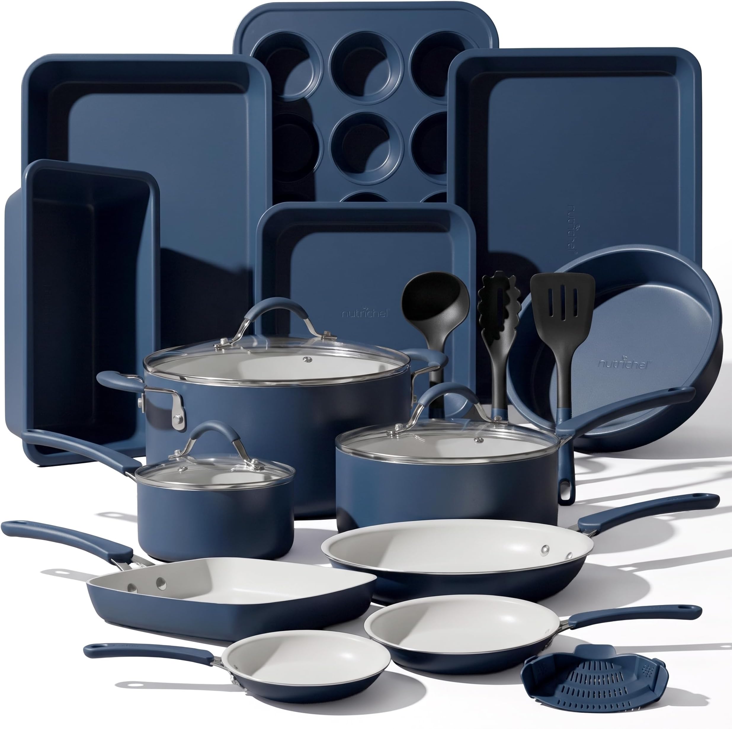 NutriChef Professional 20 Pc Pots and Pans Set Non Stick in Navy Blue - Includes Bakeware & Utensils, Induction Ready, Easy Clean