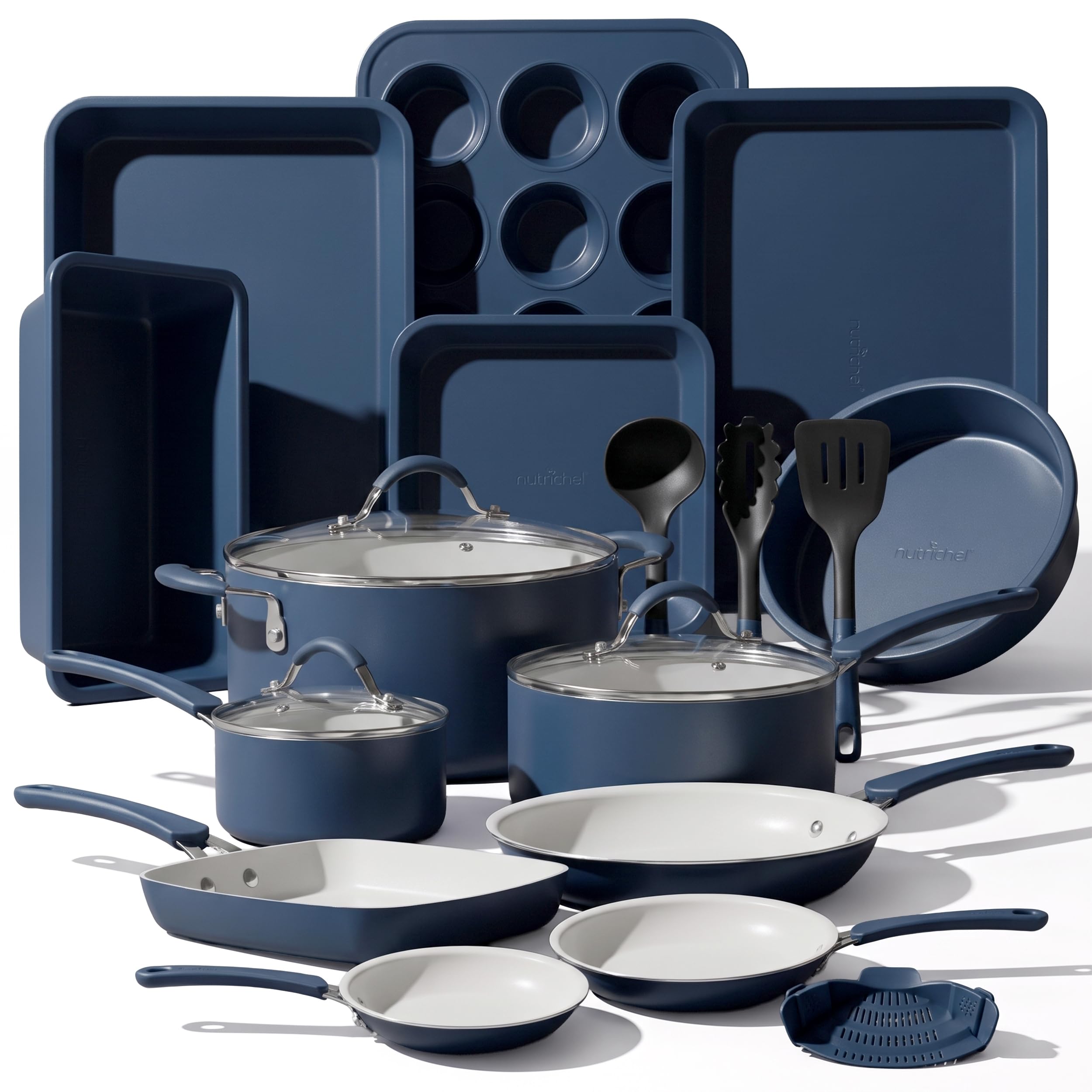 NutriChef Professional 20 Pc Pots and Pans Set Non Stick in Navy Blue - Includes Bakeware & Utensils, Induction Ready, Easy Clean