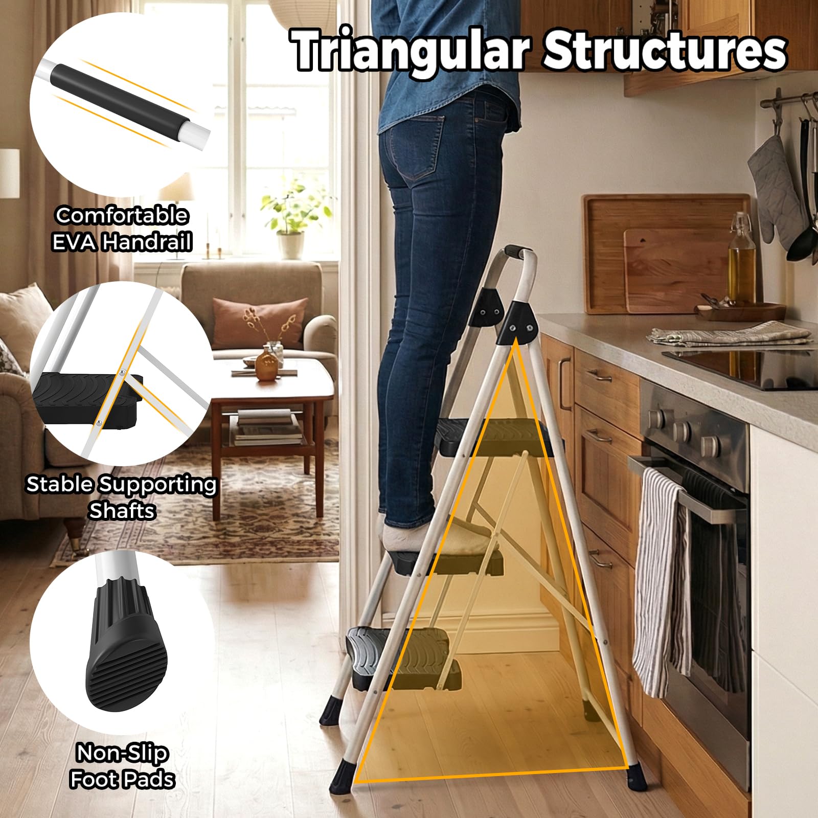 Escalera Plegable de 2/3/4 peldaños (Negro + Blanco, 3 escalones)