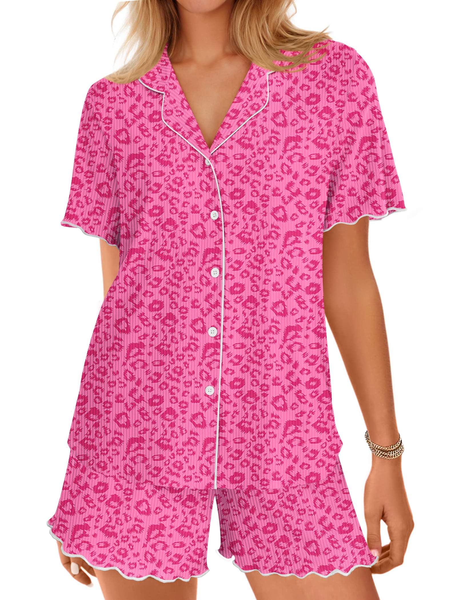Ekouaer Button Up Pajamas Set for Women Short Sleeve Ribbed Knit Sleepwear 2 Piece Pjs Shorts Set