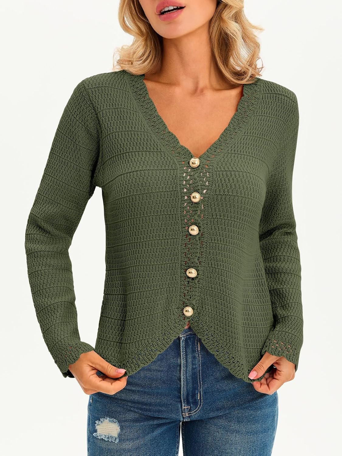 Saodimallsu Womens V Neck Cardigan Sweaters Button Up Cropped Boho Knit Long Sleeve Loose Trendy Sweater Tops - Image 3