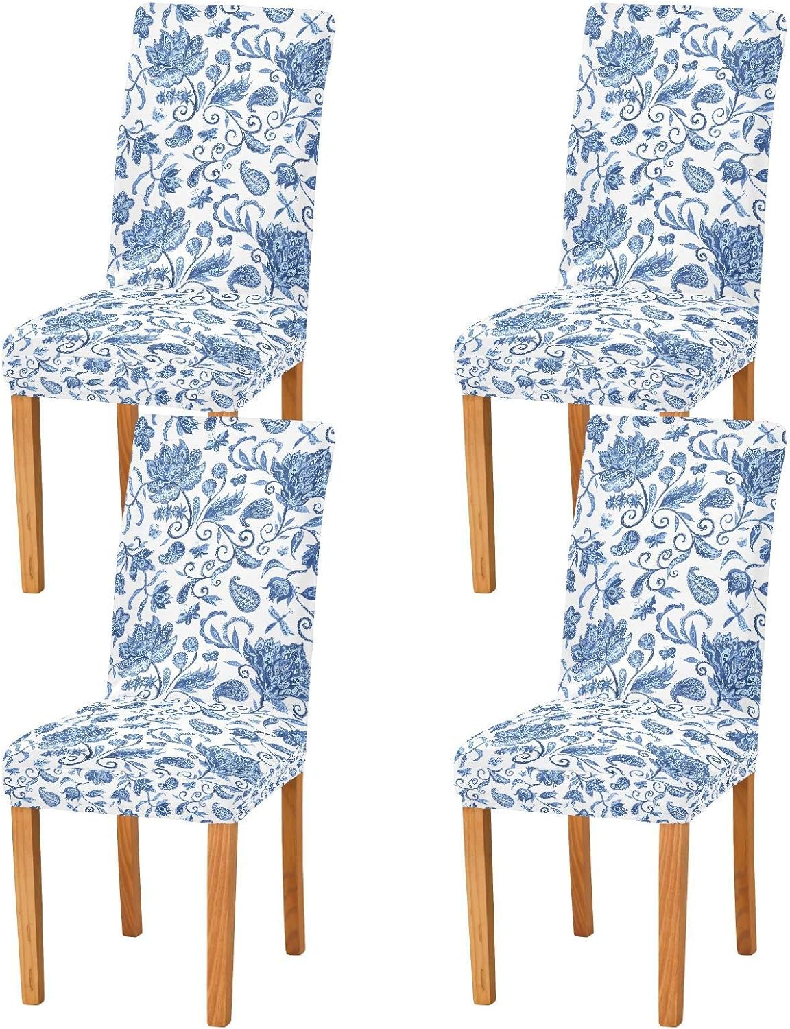4 Pack Dining Chair Covers Blue White Floral Stretchable Table Seat Cover Chairs Slipcovers Protector for Hotel Restaurant Home Decor