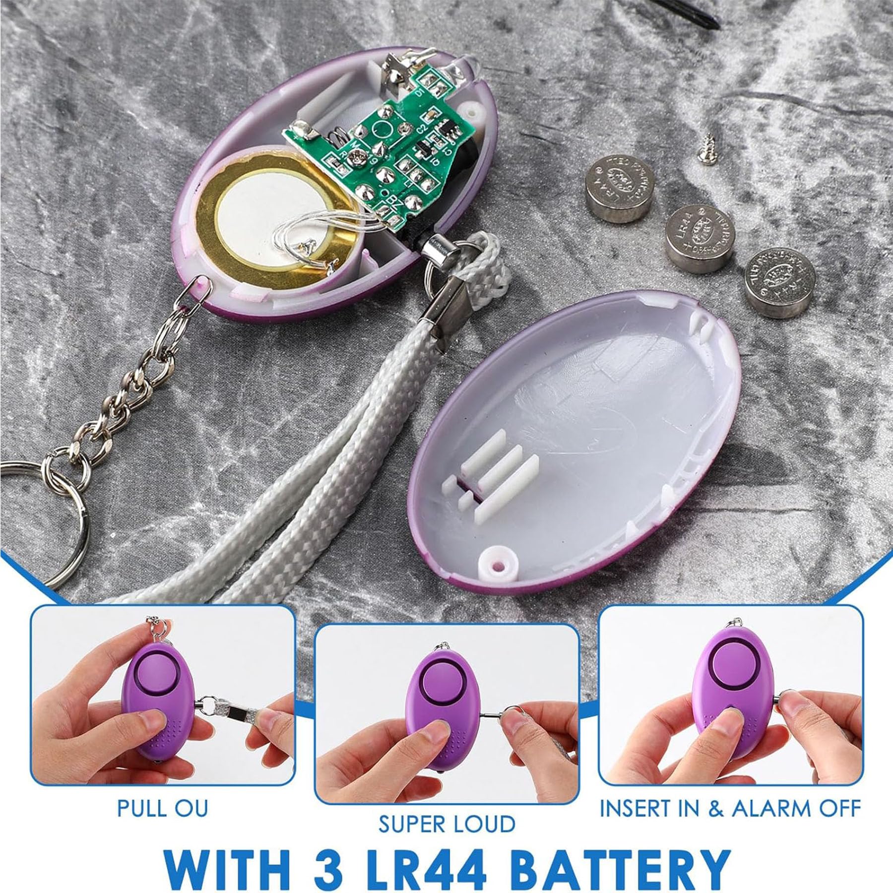 Llavero de alarma de seguridad personal con luz LED, alerta de seguridad de emergencia de 130 dB, paquete de 76 en 19 colores mezclados, protección portátil para mujeres, niñas, niños, ancianos