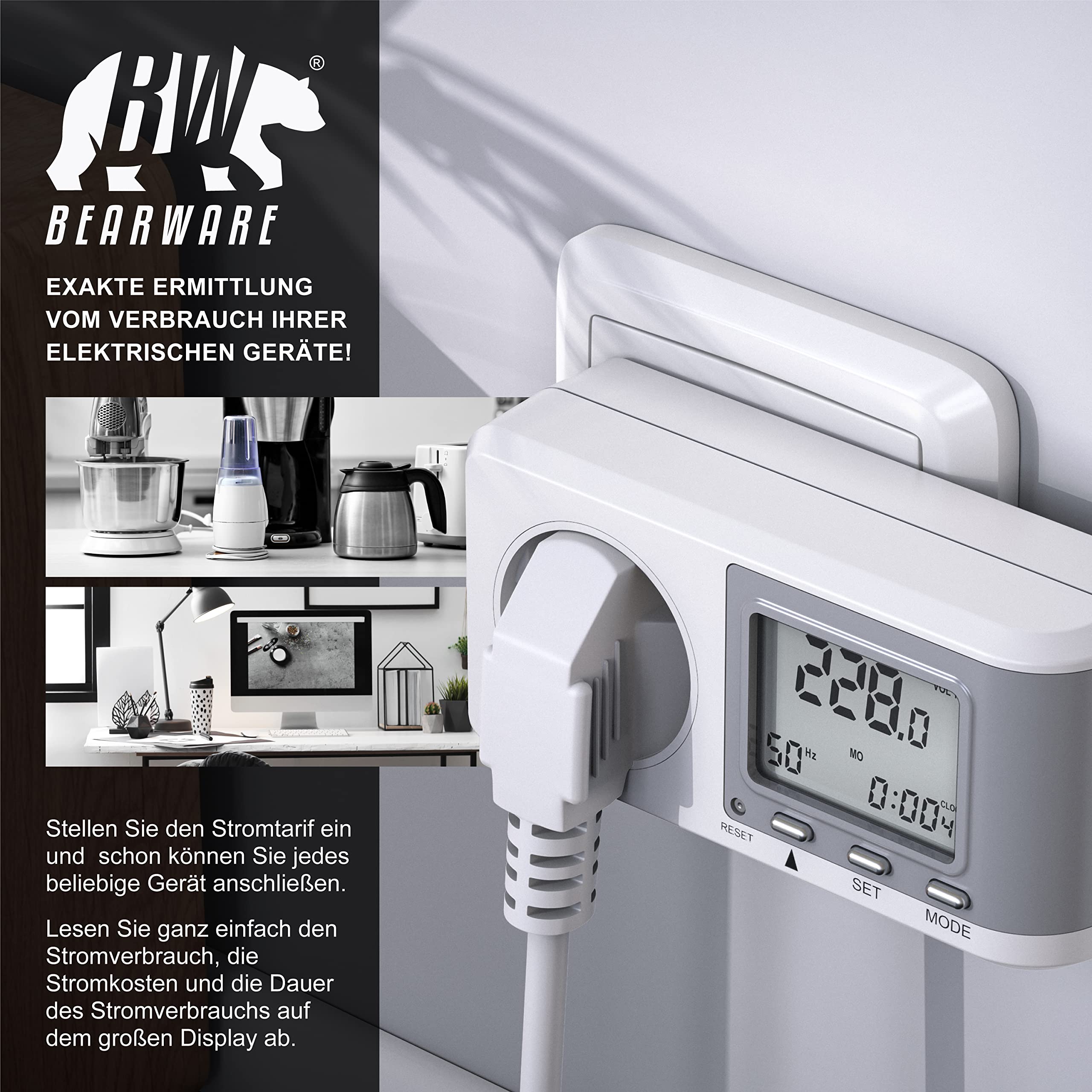 CSL - 3x Stromzähler für Steckdose, Energiekostenmessgerät, Strommessgerät mit erhöhtem Berührungsschutz, Stromverbrauchsmesser 3680W, Energiemessgerät