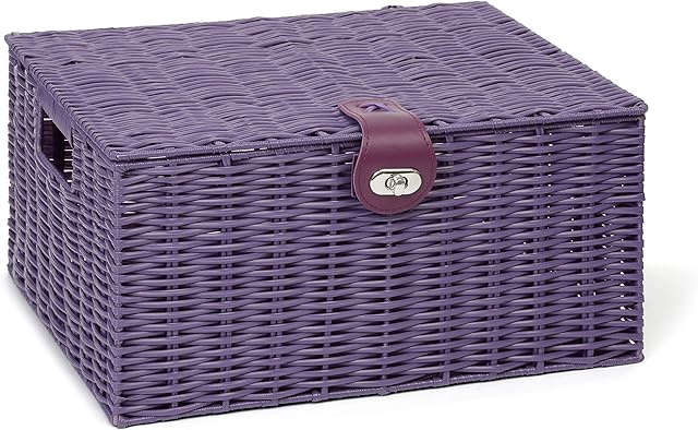 Arpan Large Resin Woven Storage Basket Box with Lid & Lock - Purple