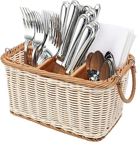 Miniatura 7 de Soporte para utensilios, organizador de almacenamiento de cubiertos de ratán tejido a mano, cesta de almacenamiento dividida multifuncional, para