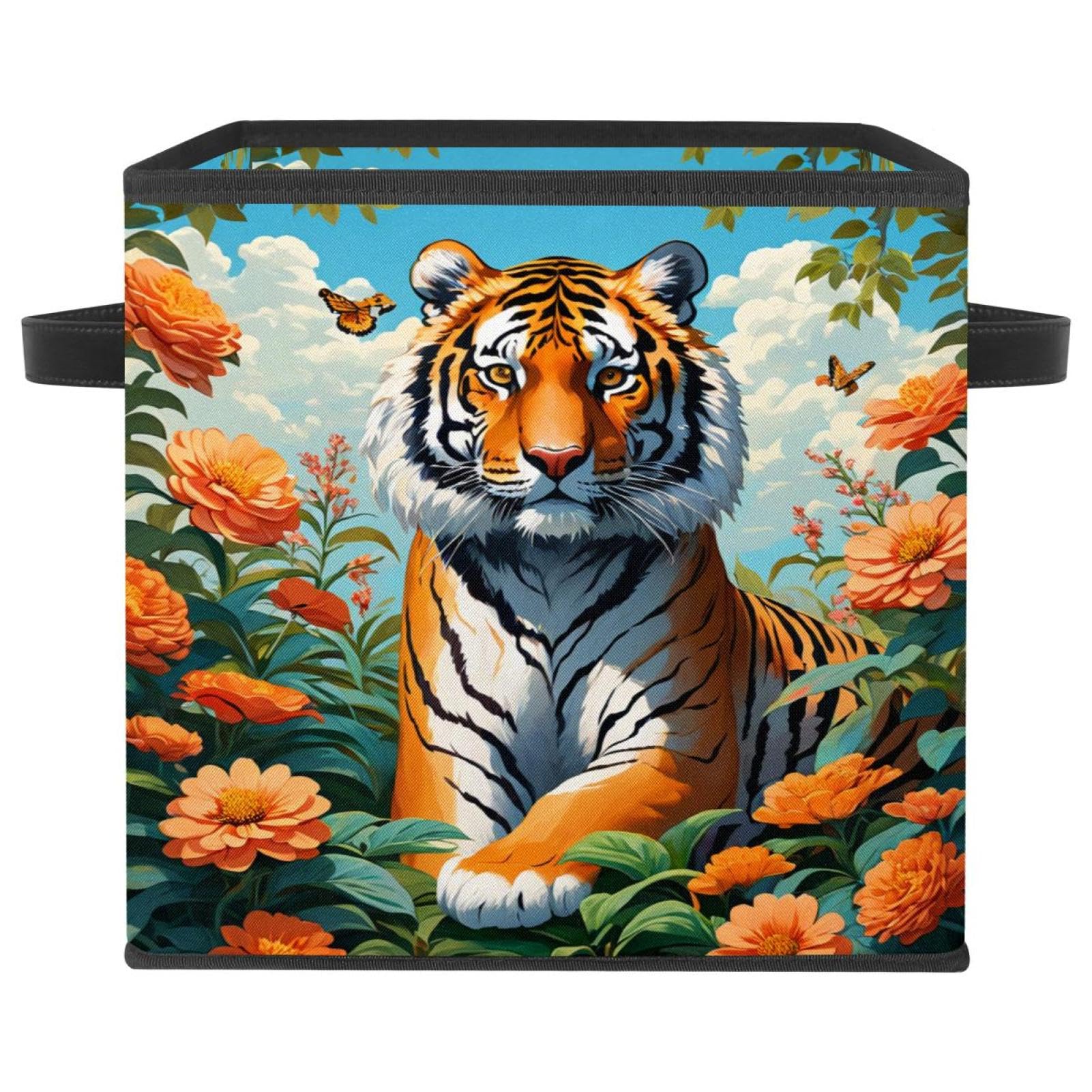 Grand cube de rangement tigre et fleur avec poignées en cuir