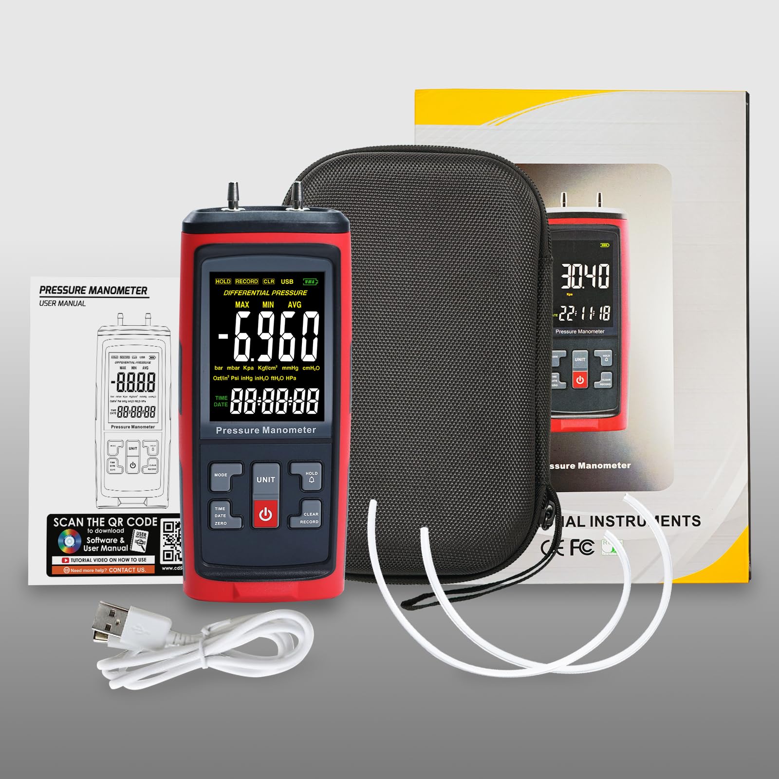 Manómetro de datos digital Manómetro medidor de presión de gas con rango de medición ± 200 inH2O, manómetro de presión diferencial, 13 unidades seleccionables, manómetro HVAC con pantalla LCD grande