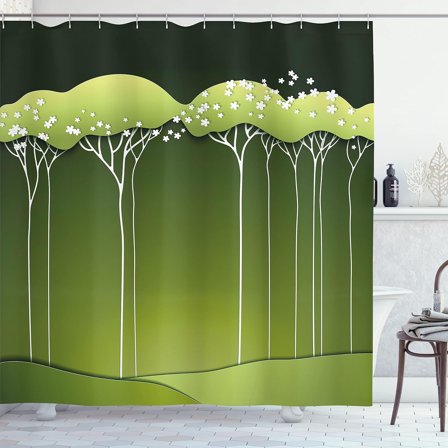 Ambesonne Tree Shower Curtain, Graphics of Long Leafy with Floral Details, Cloth Fabric Bathroom Decor Set with Hooks, 69" W x 70" L, Olive Green