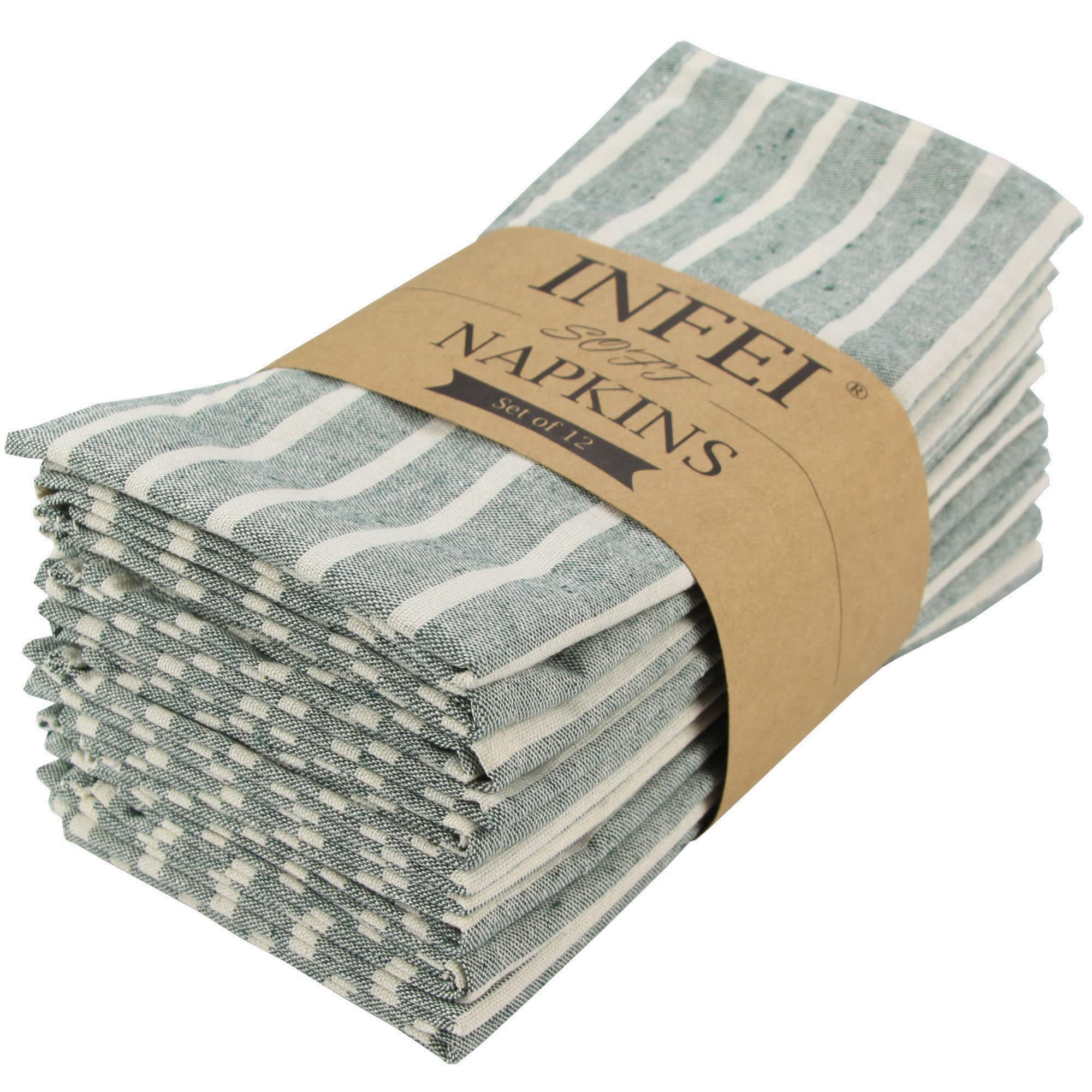 Lot de 12 Serviettes de Table Larges en Coton mélangé à Rayures pour fêtes de Noël, événements et Usage Domestique Vert 43,2 x 43,2 cm