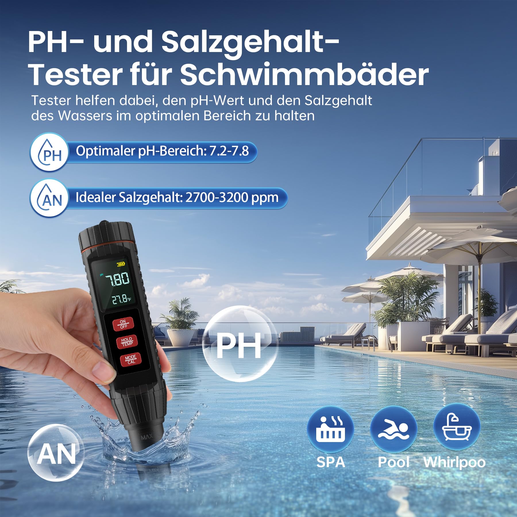 7 in 1 Pool Wassertester PH Messgerät, Wasserqualität Tester mit Digital-Display, TDS/EC/Salzgehalt/Temperatur/pH/S.G/ORP Tester, für Trinkwasser, Pool, Aquarien, Hydroponik