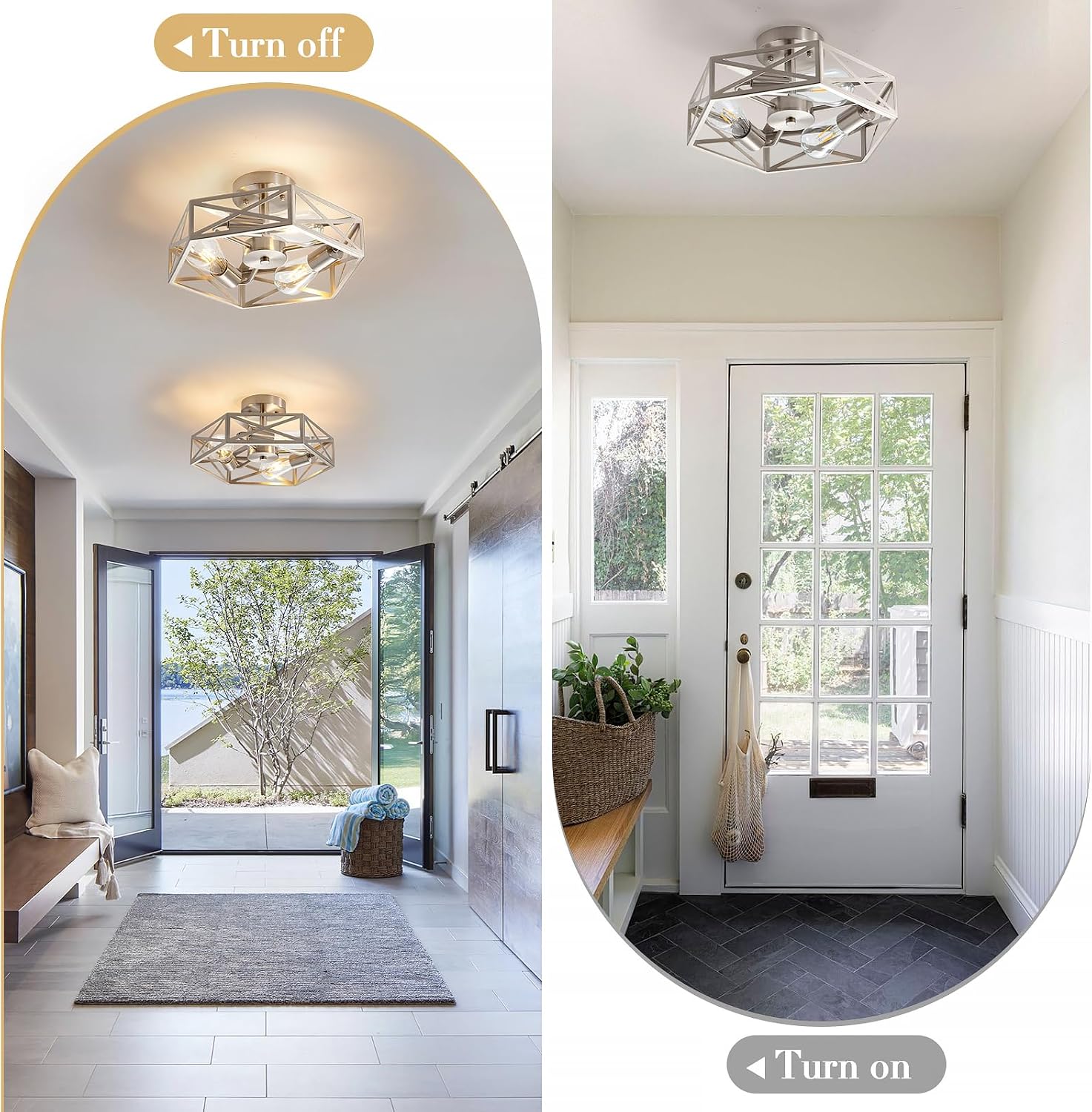 Brushed Nickel Cage Ceiling Light Fixtures, 14.5 Inch Modern Indoor Semi Flush Mount Ceiling Lights, 3-Light Metal Close to Ceiling Lights for Bedroom, Living Room, Kitchen