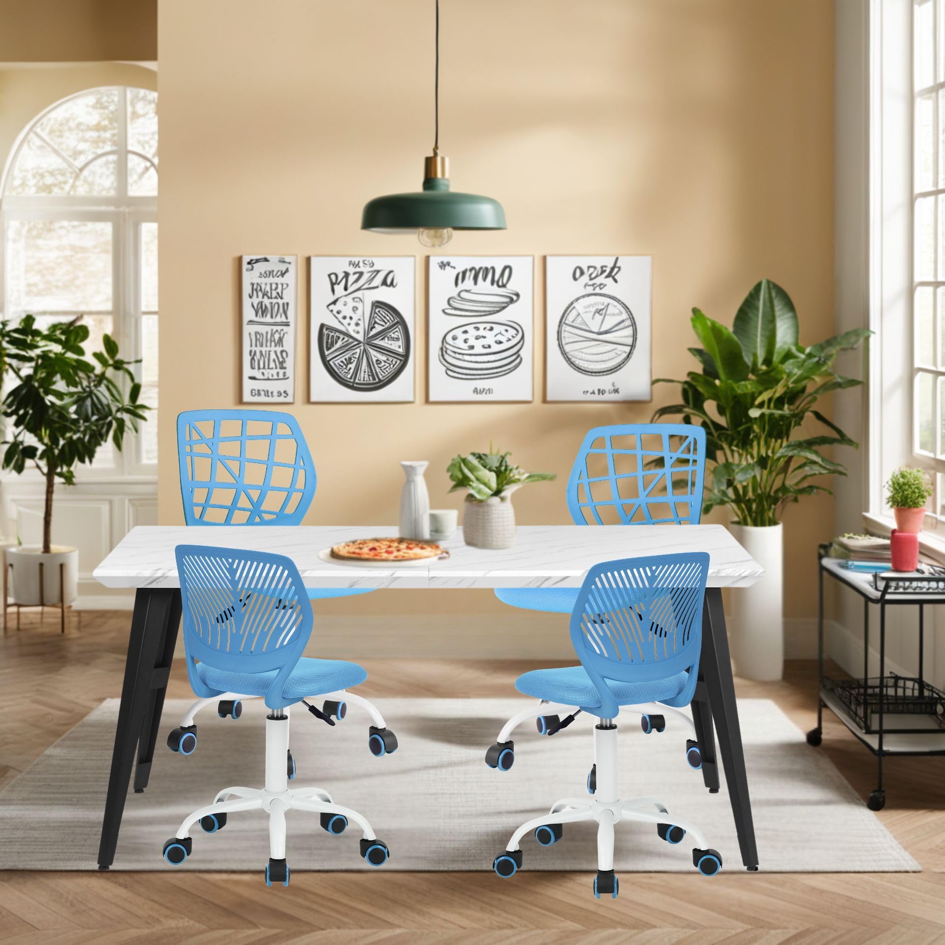 FurnitureR Sillas giratorias de Comedor, 1 Silla de Cocina, Silla Acolchada, Silla giratoria, cómoda Silla con Ruedas, Respaldo, Silla sin Brazos para Comedor, Sala de Estar, Azul M